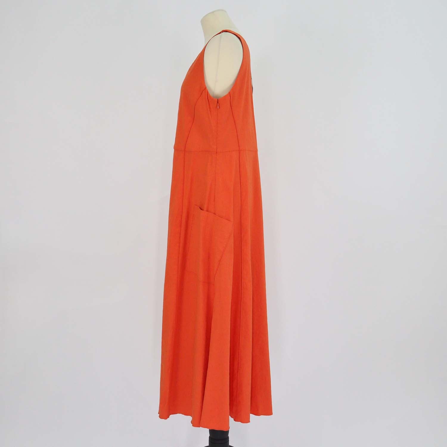 Vince Orange Linen Blend Relaxed V-Neck Pocket Midi Dress