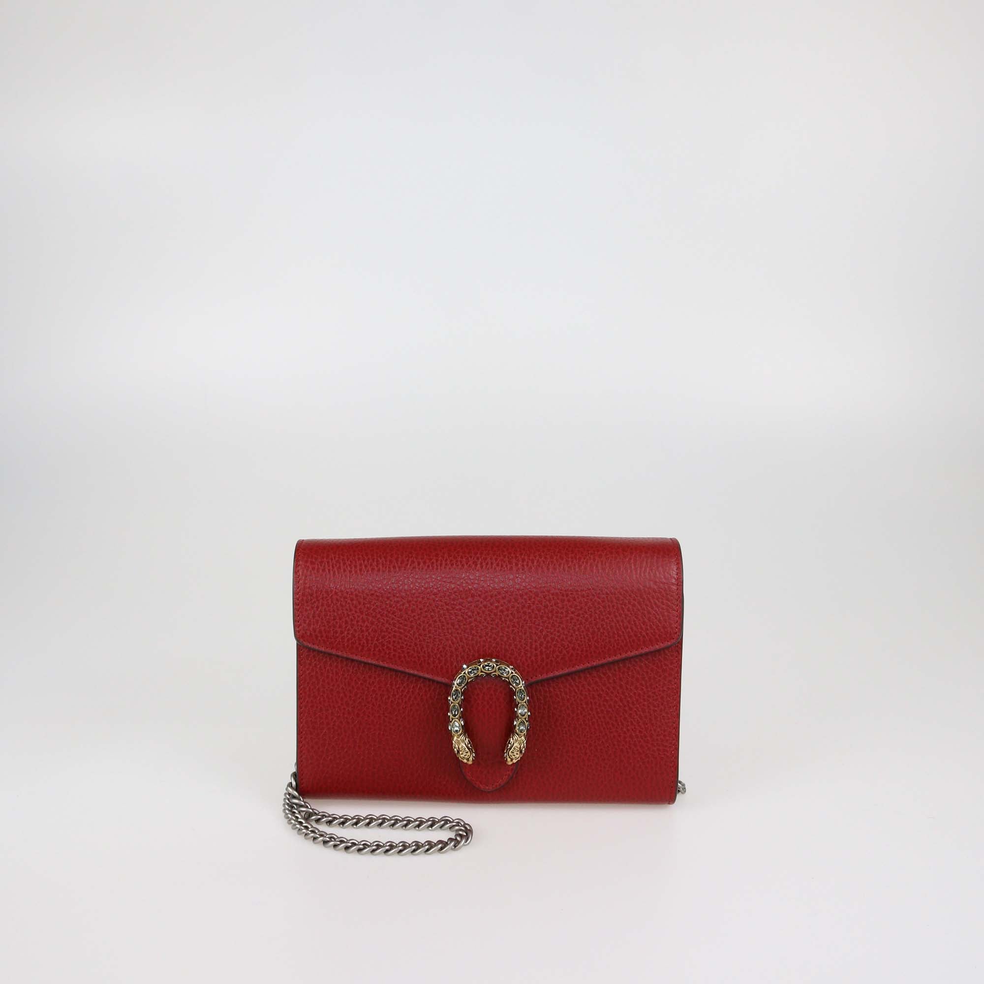 Gucci Red Leather Crystal Dionysus Wallet on Chain