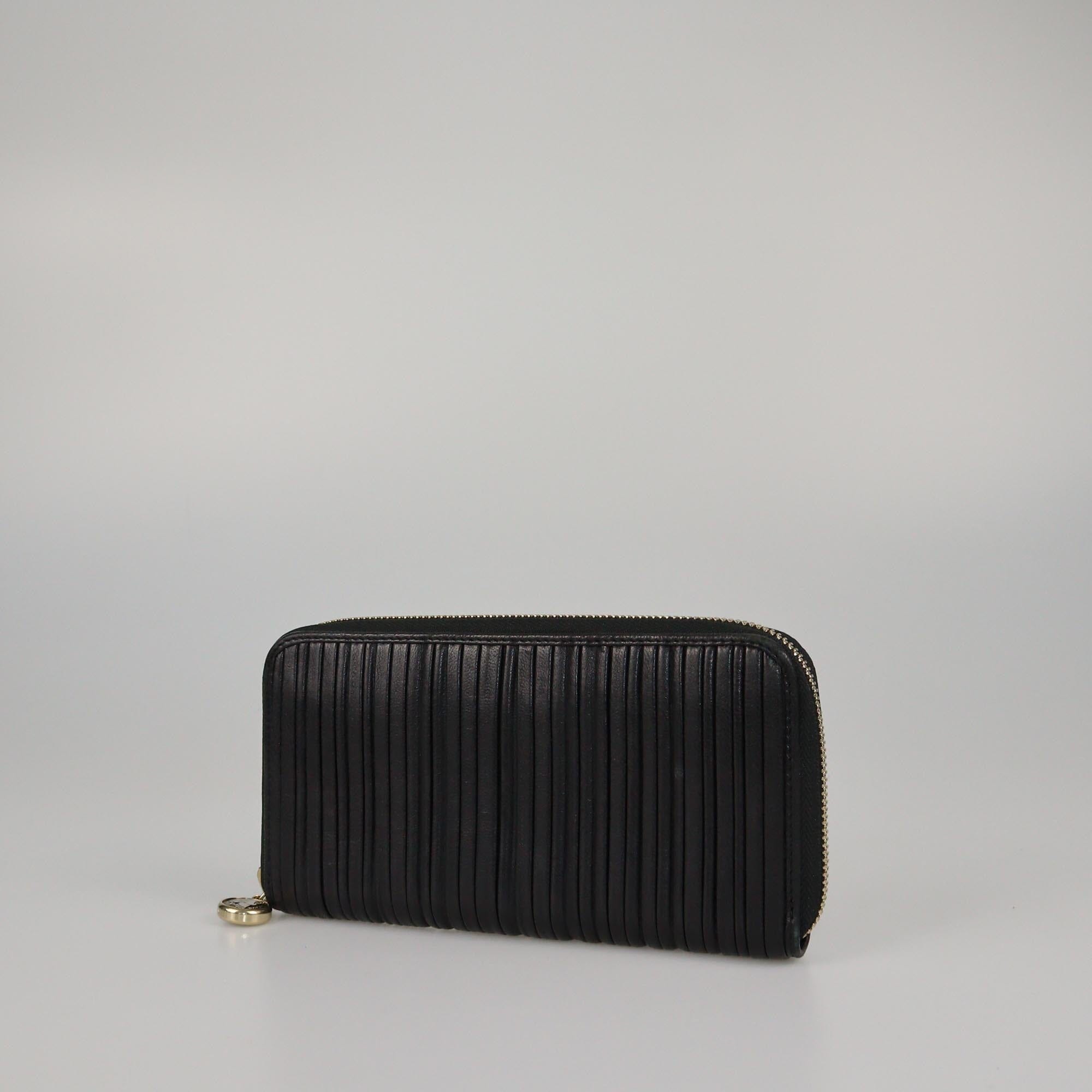 Bvlgari Black Pleated Zip Around Wallet Womens Bvlgari