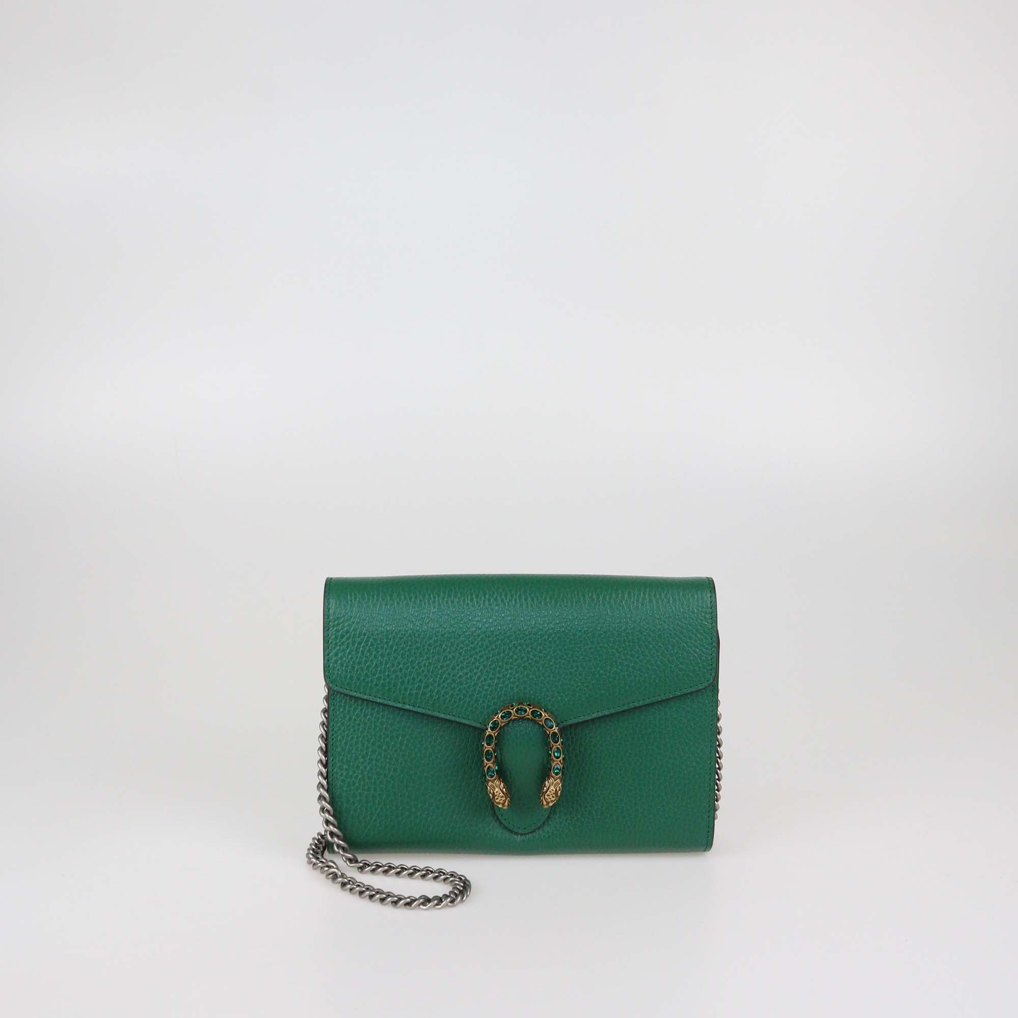 Gucci Green Leather Crystal Dionysus Wallet on Chain