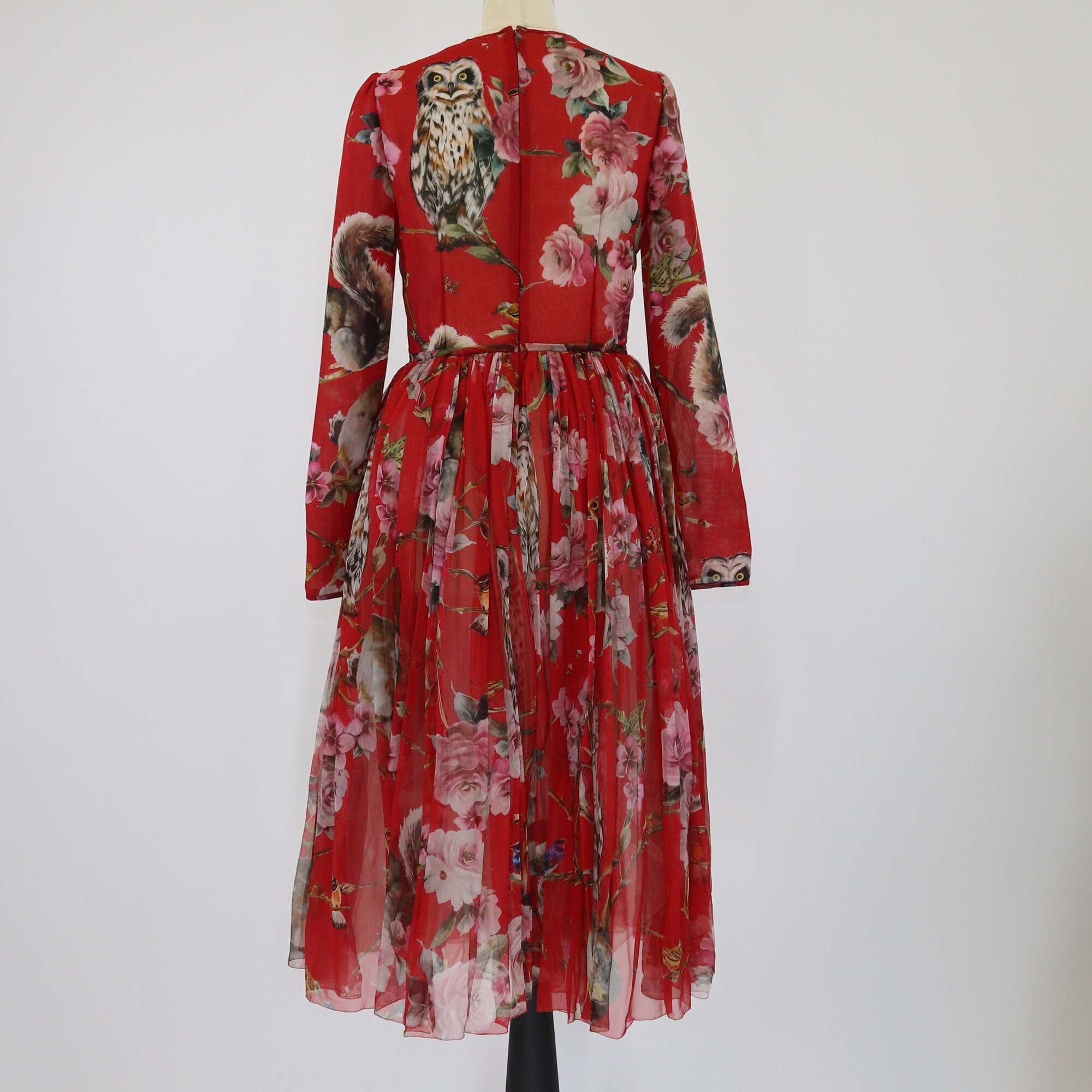 Dolce & Gabbana Red/Multicolor Mix Print Long Sleeve Pleated Dress Womens Dolce & Gabbana