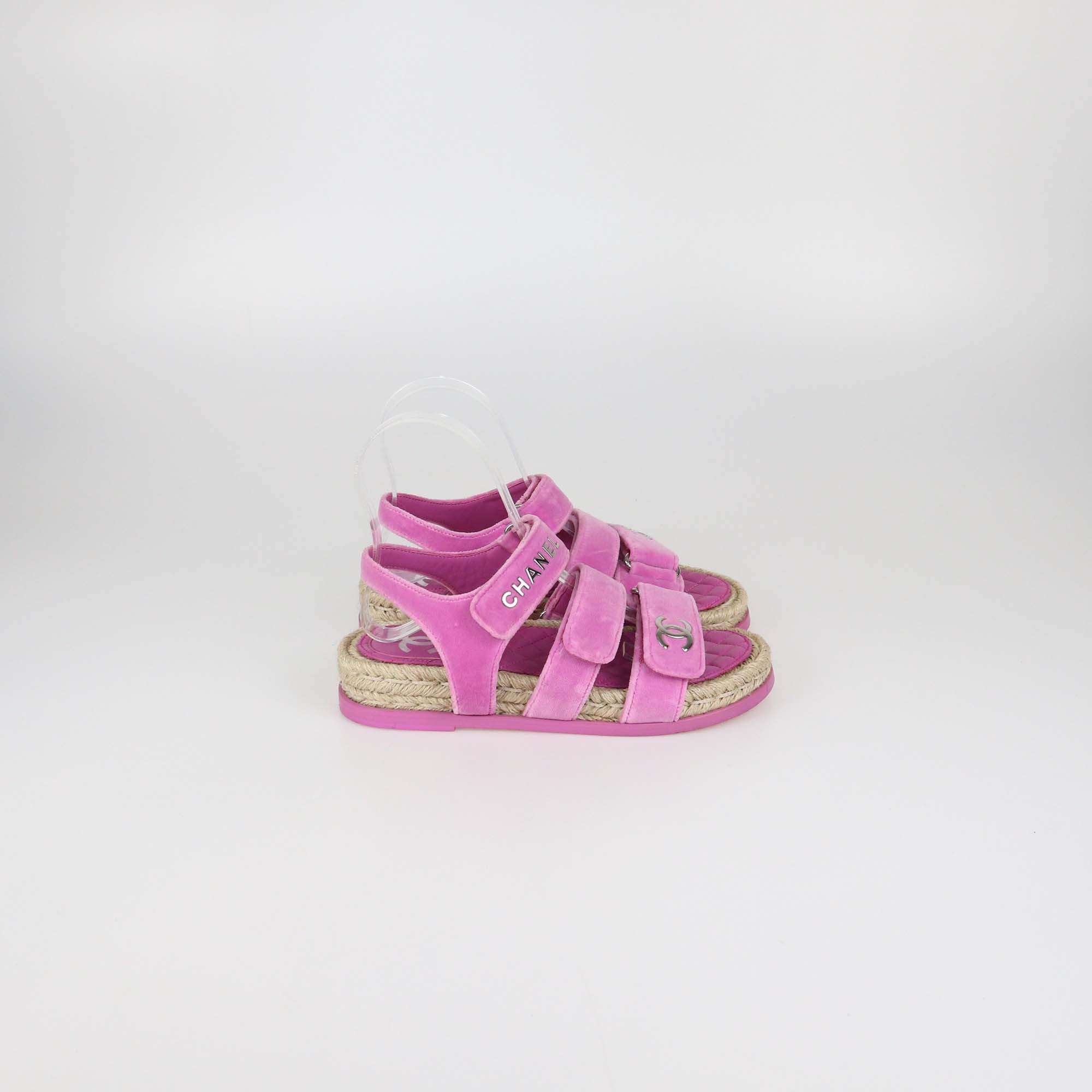Chanel Pink Velvet CC Espadrilles Sandals