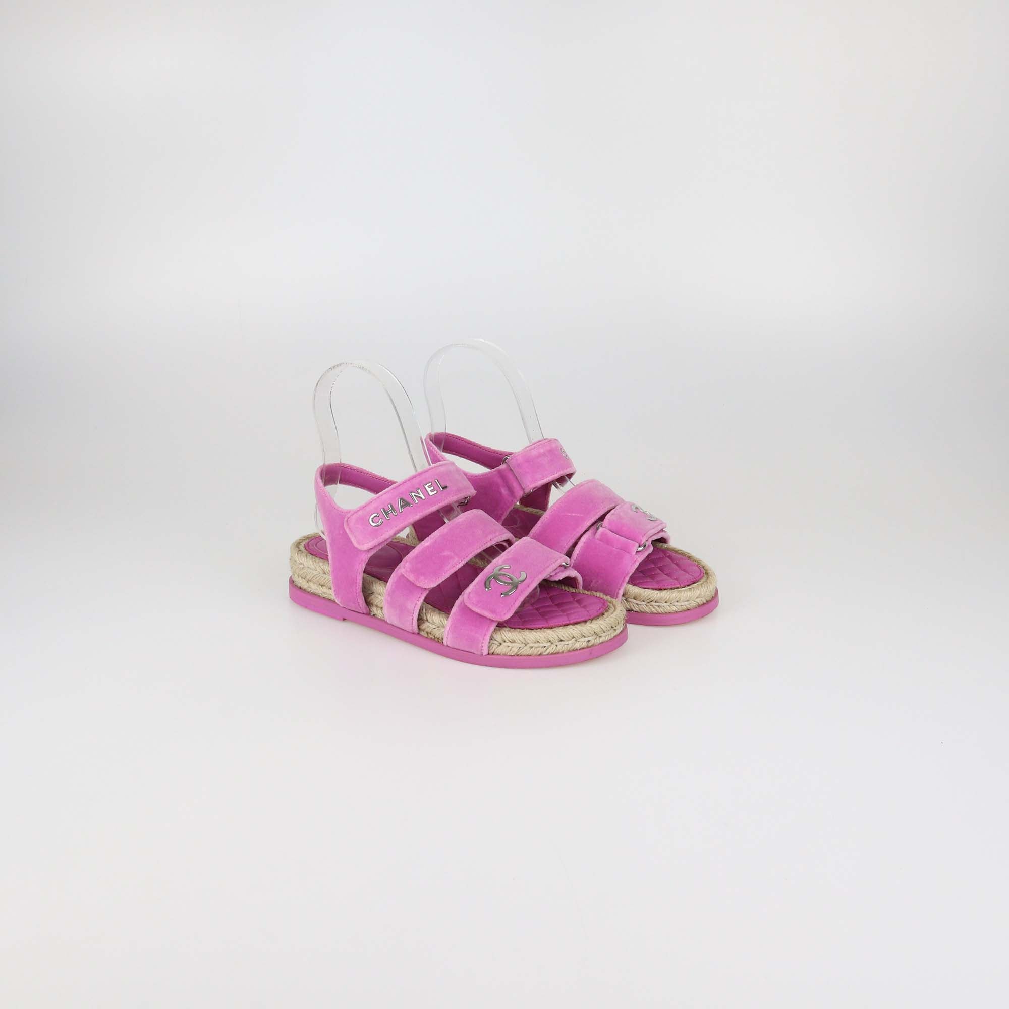 Chanel Pink Velvet CC Espadrilles Sandals