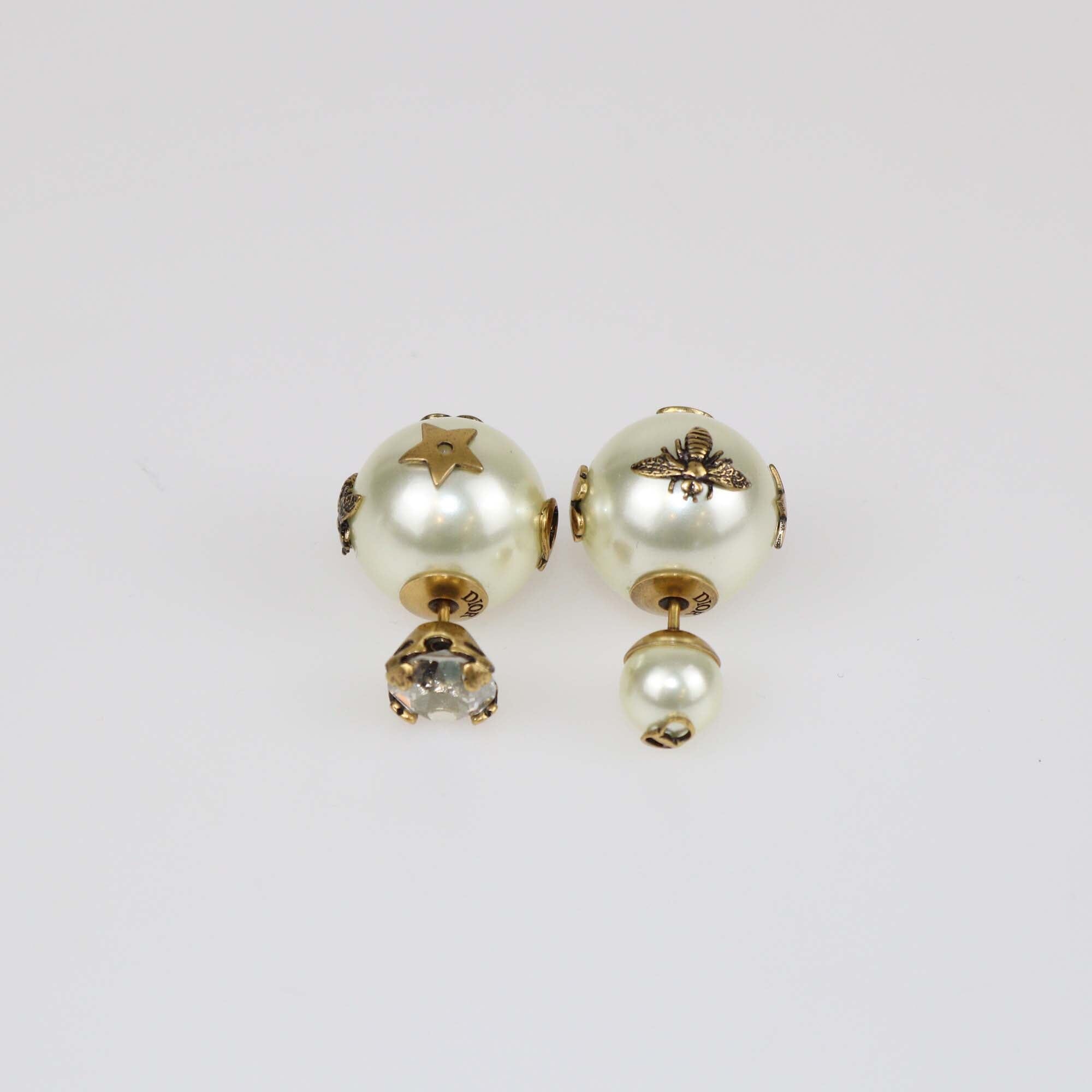Christian Dior Tribales Aged Gold Tone Crystal Faux Pearl Asymmetric Earrings Womens Christian Dior