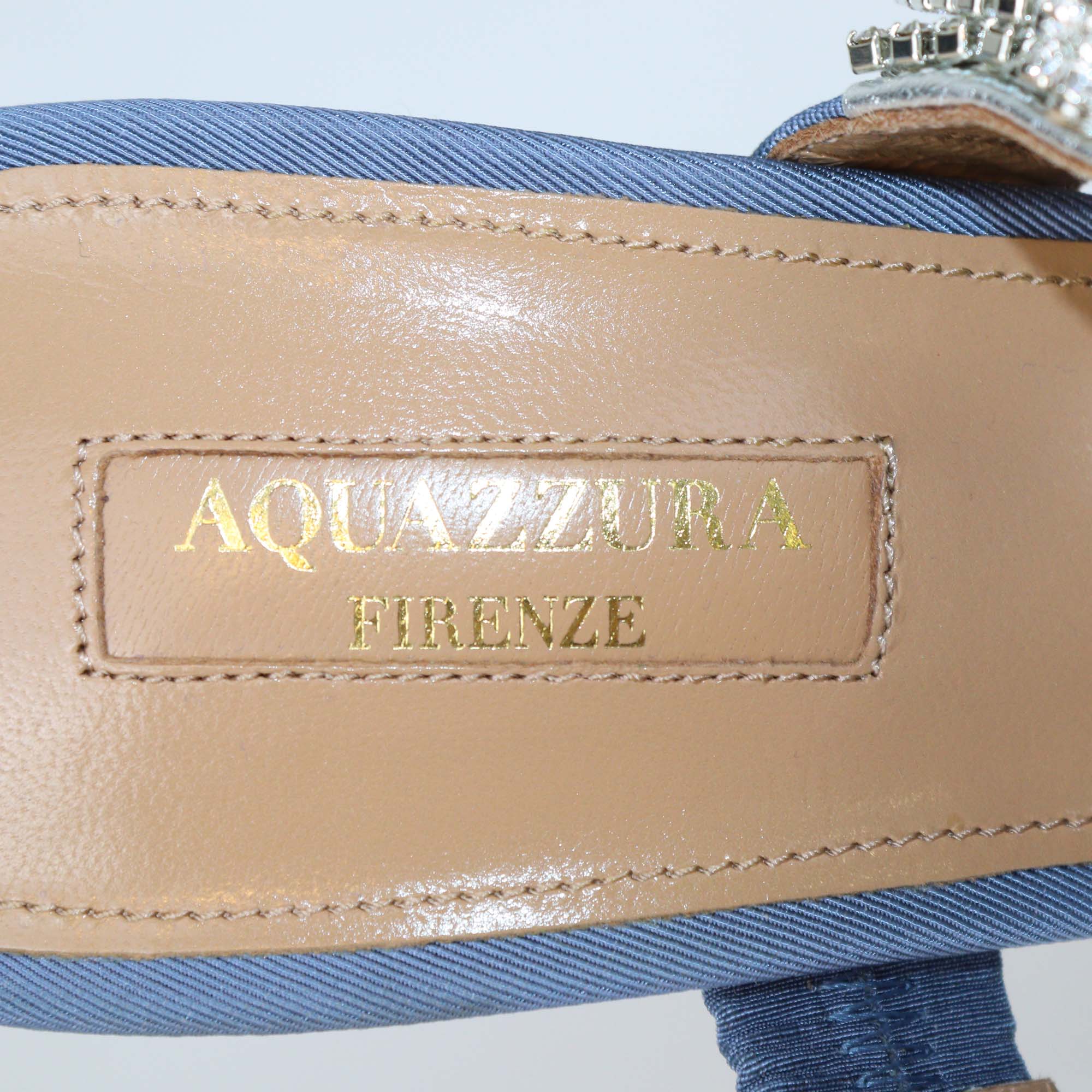 Aquazzura Blue Jeans Fabric Chain Reaction Crystal Embellished 85 Mules