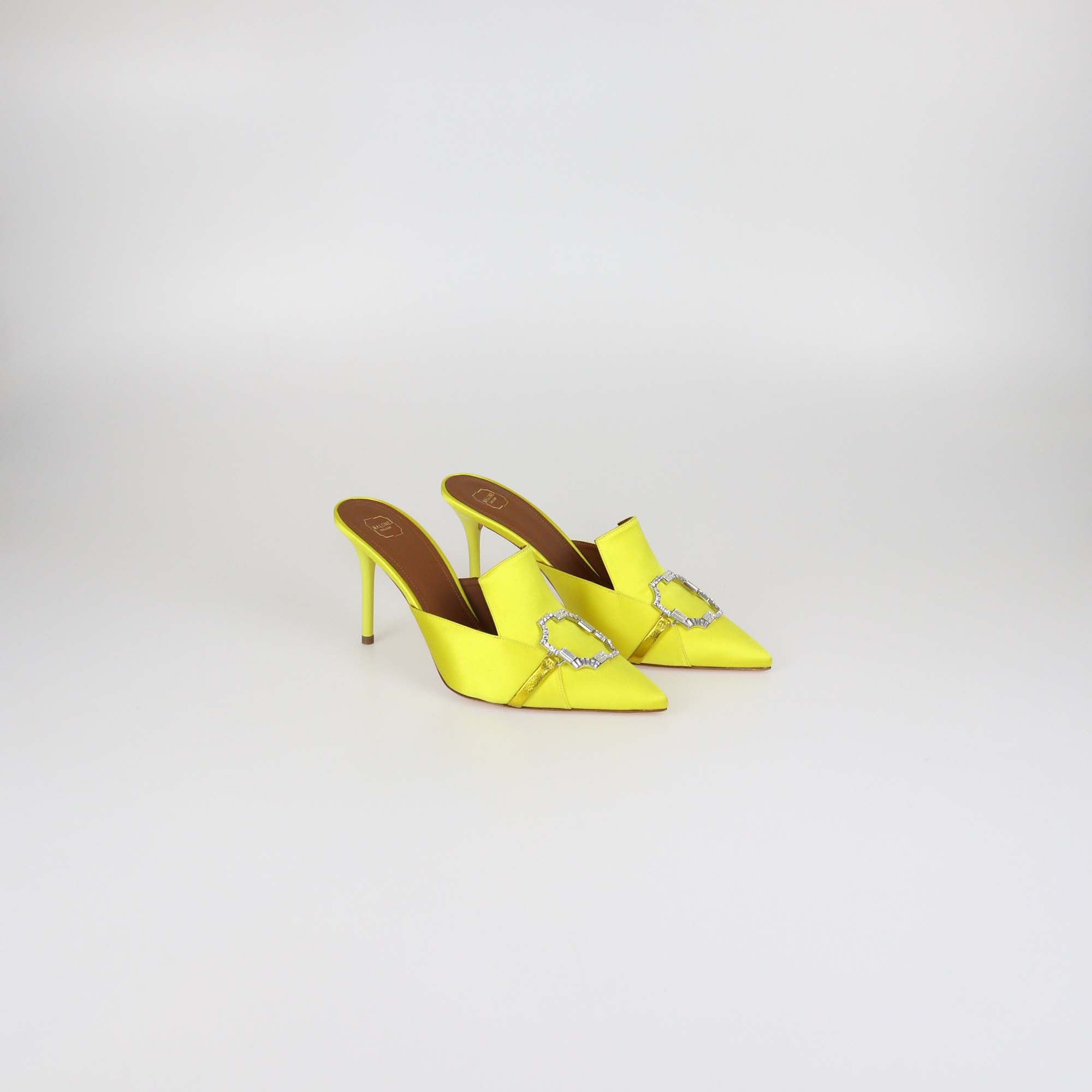 Malone Souliers Yellow Satin Anais 85 Brooch Mules