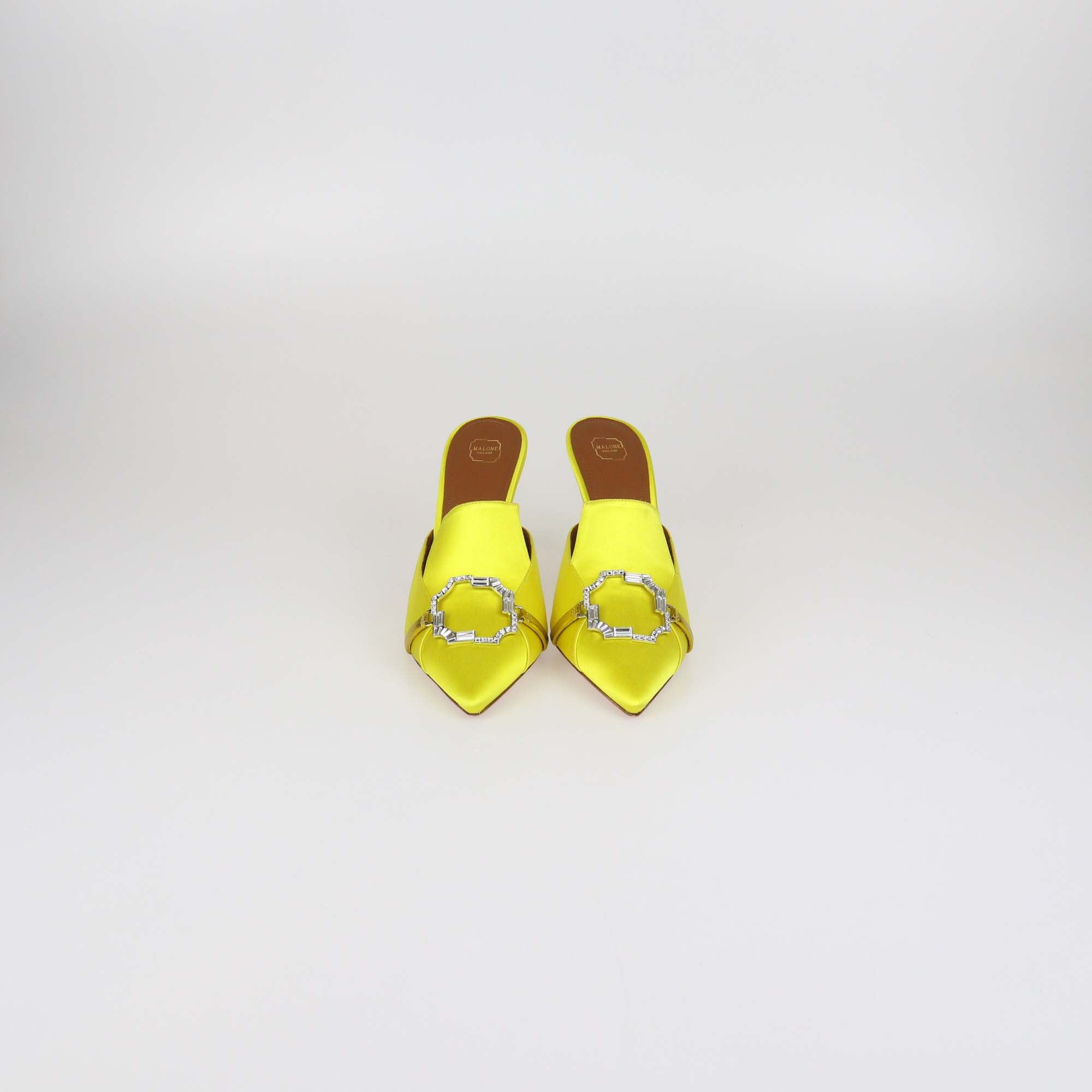 Malone Souliers Yellow Satin Anais 85 Brooch Mules