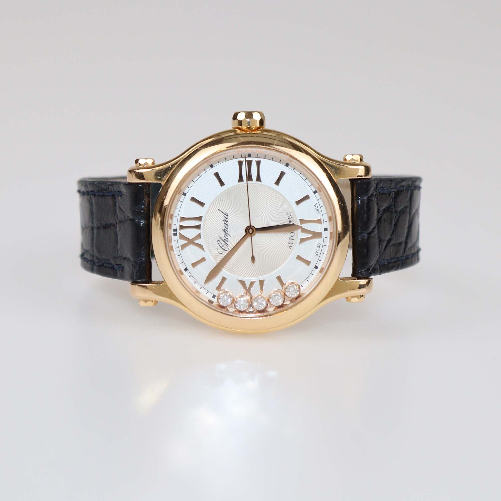 Chopard Silver Dial 18K Rose Gold Diamond Alligator Leather Happy Sport 275378-5001 Women's Watch 33 mm Womens Chopard
