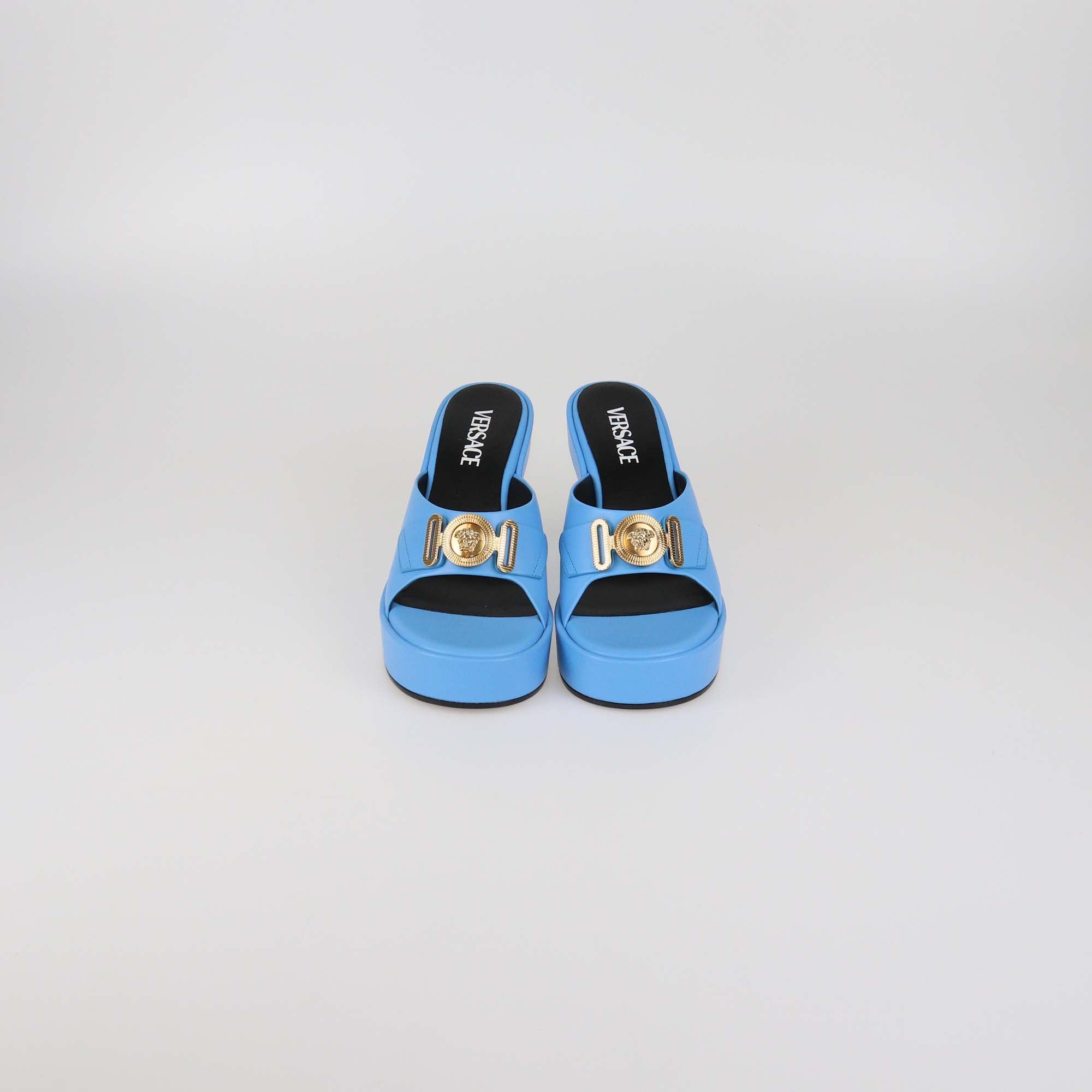 Versace Light Blue Leather Biggie Platform Mules