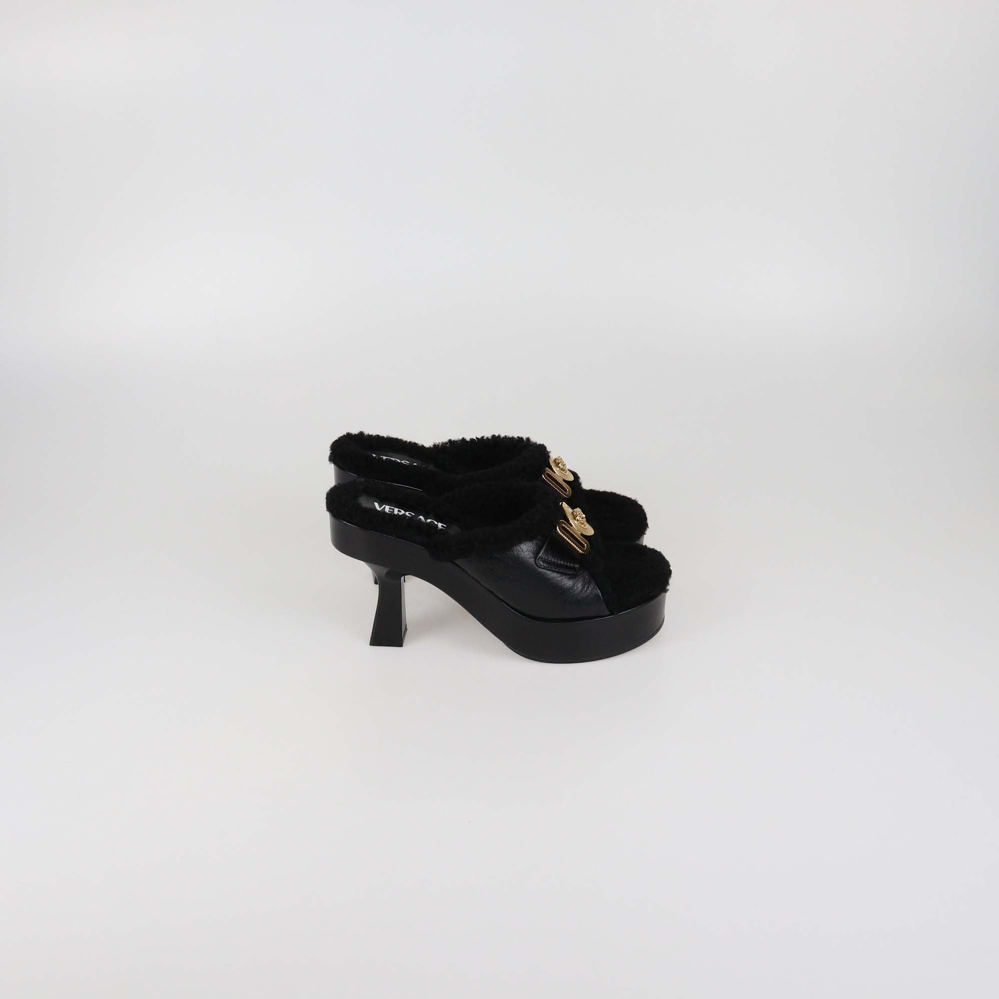 Versace Black Shearling Biggie Platform Mules