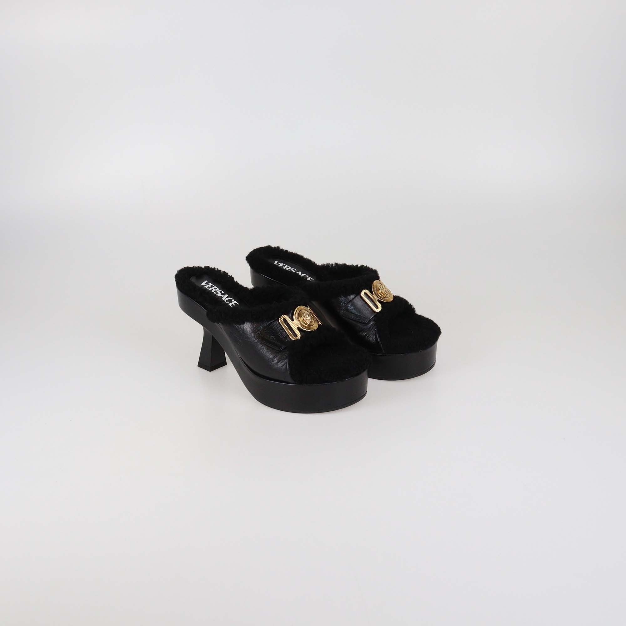 Versace Black Shearling Biggie Platform Mules