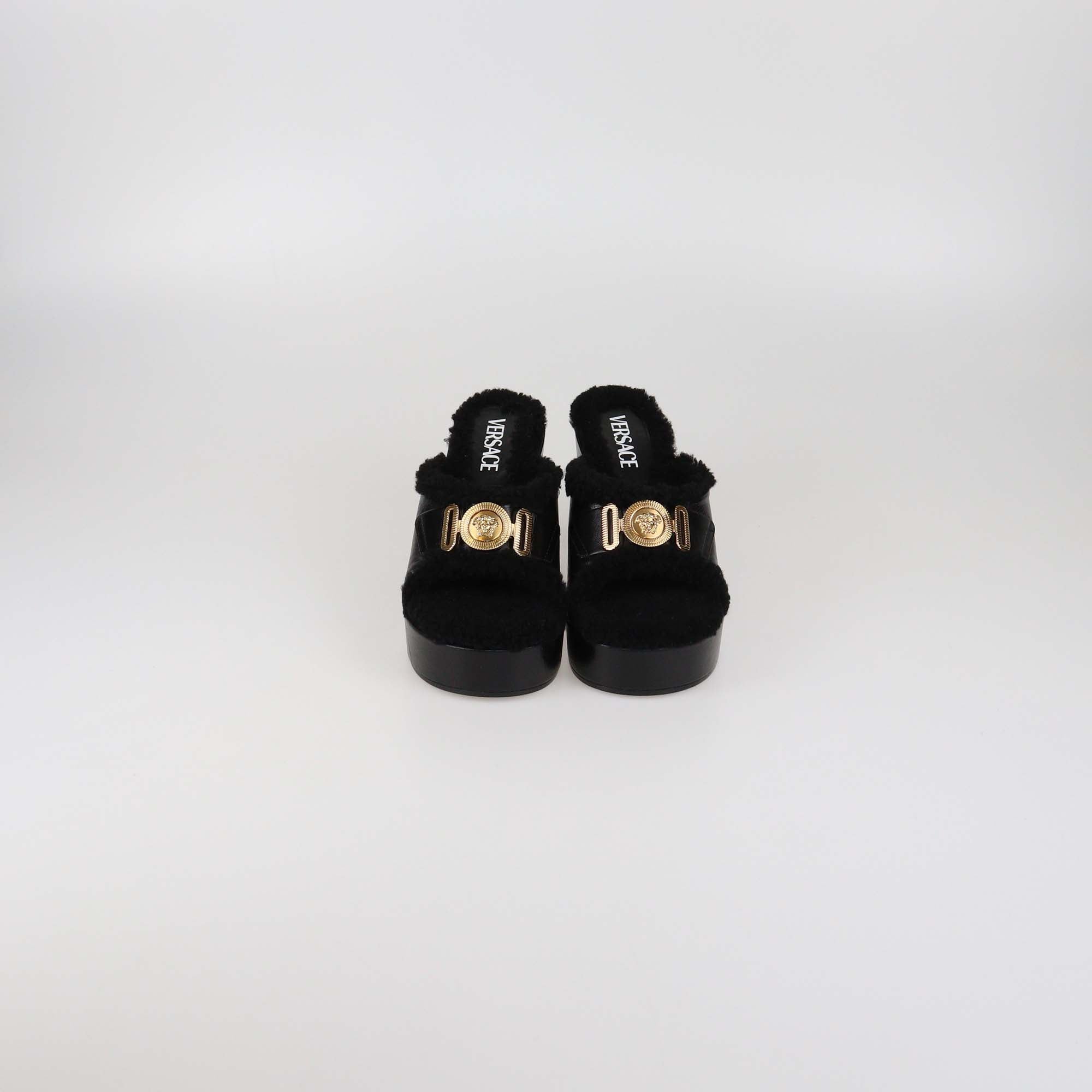 Versace Black Shearling Biggie Platform Mules
