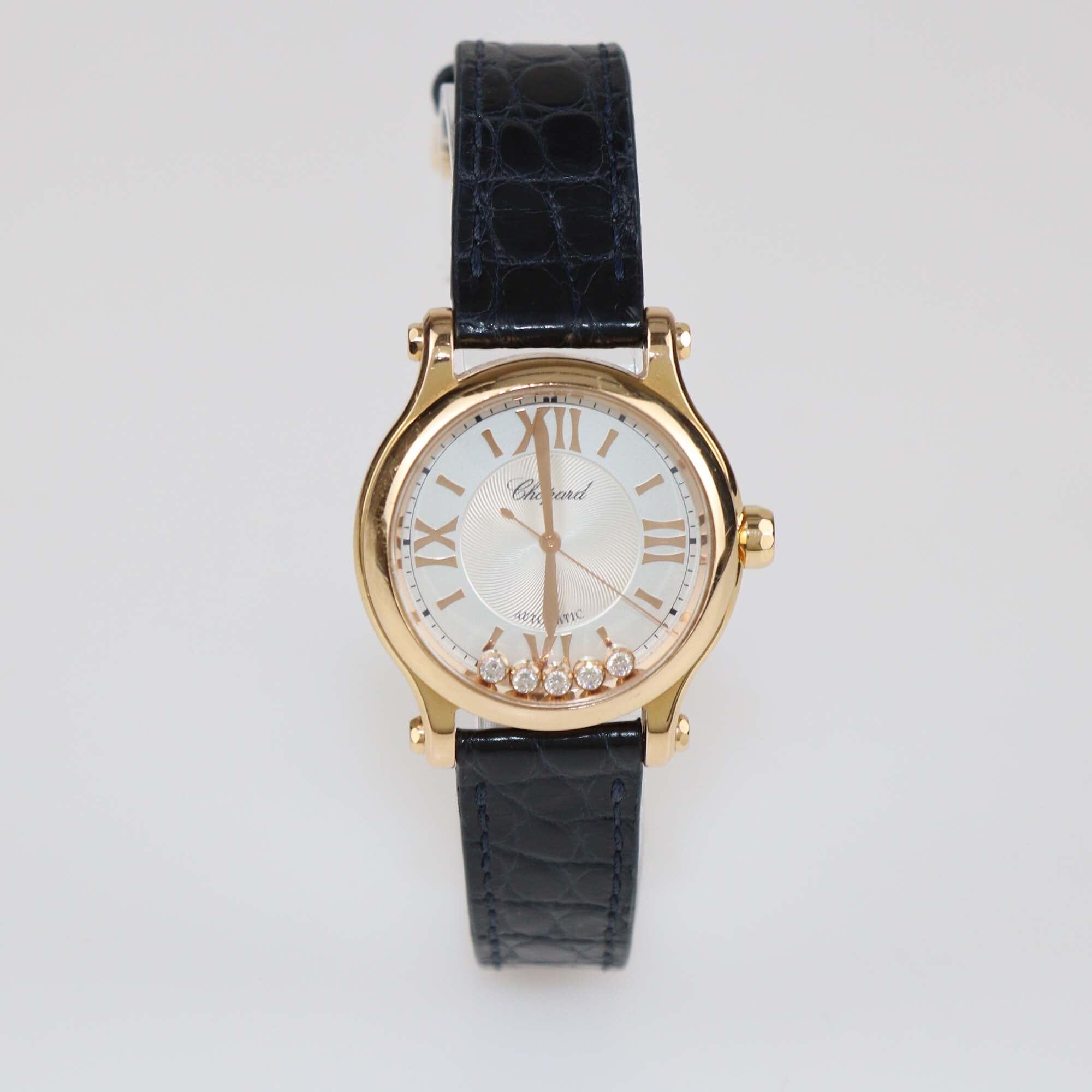 Chopard Silver Dial 18K Rose Gold Diamond Alligator Leather Happy Sport 275378-5001 Women's Watch 33 mm Womens Chopard