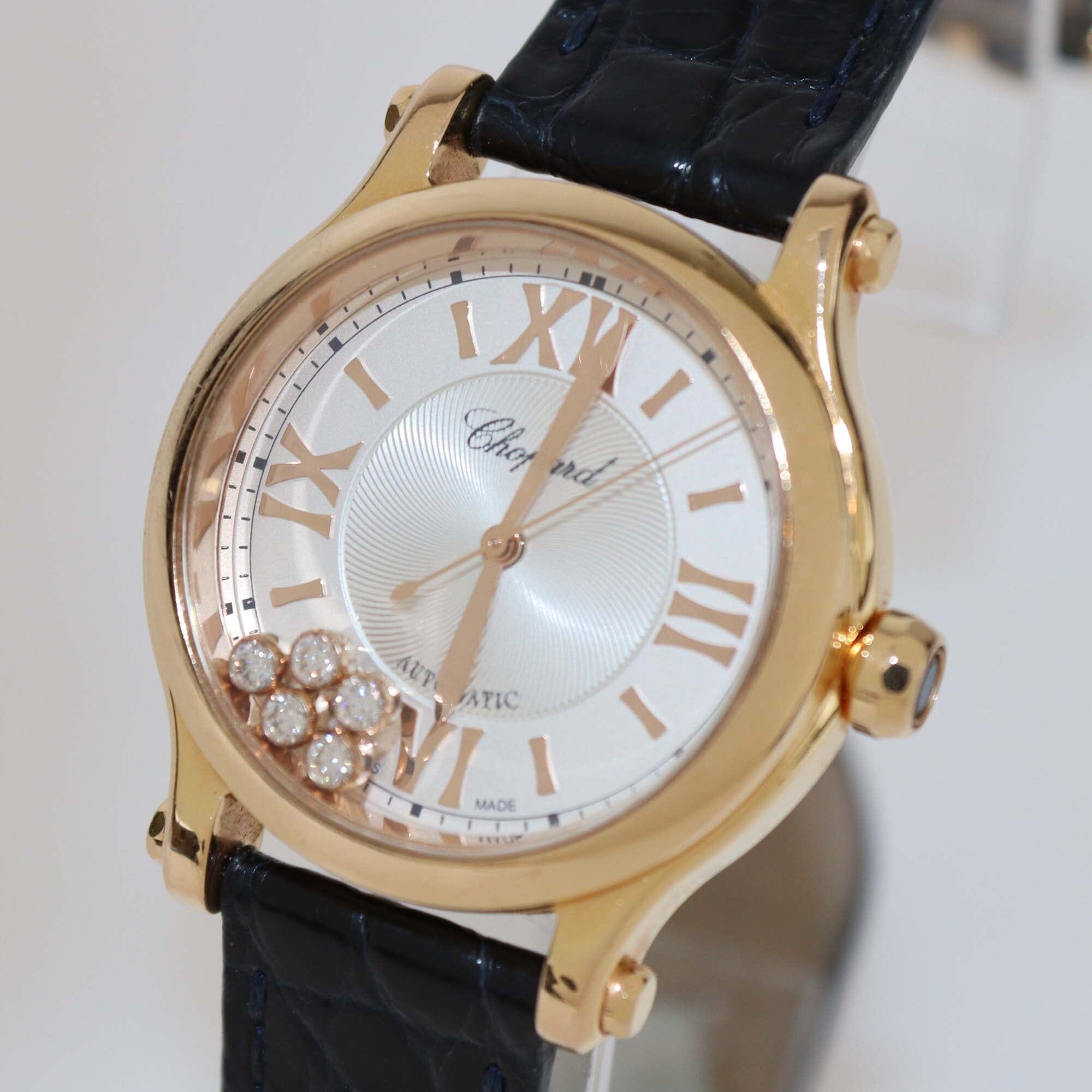 Chopard Silver Dial 18K Rose Gold Diamond Alligator Leather Happy Sport 275378-5001 Women's Watch 33 mm Womens Chopard