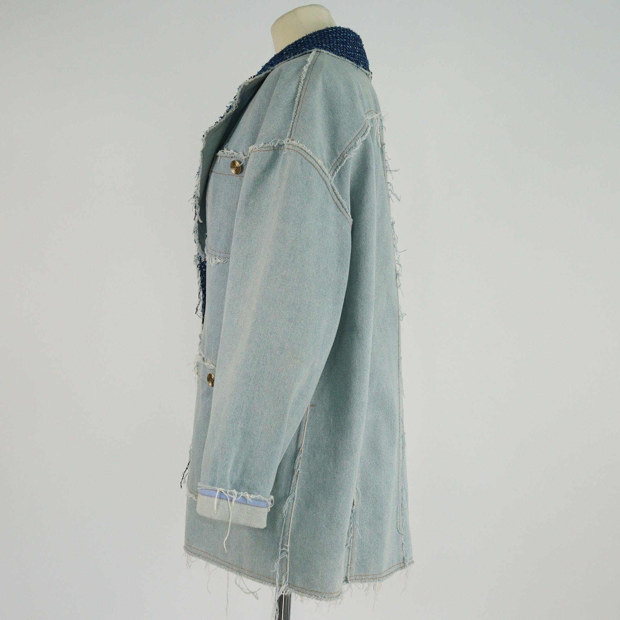 Chanel Wash Blue Denim & Tweed Collar Pocket Detailed Jacket Womens Chanel