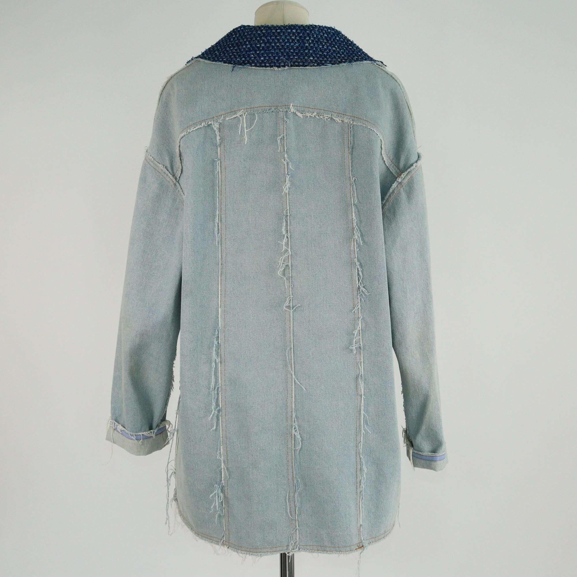 Chanel Wash Blue Denim & Tweed Collar Pocket Detailed Jacket Womens Chanel