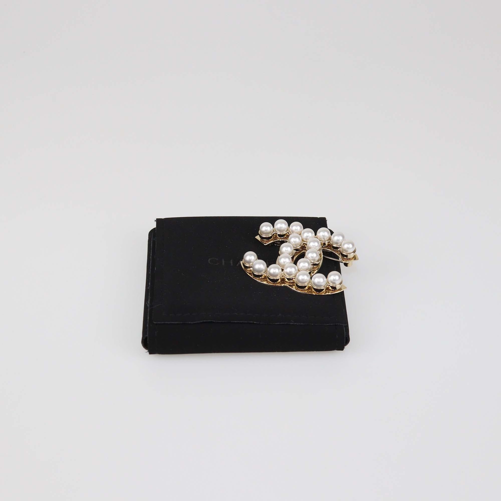 Chanel Gold Tone Metal CC Faux Pearl Pin Brooch