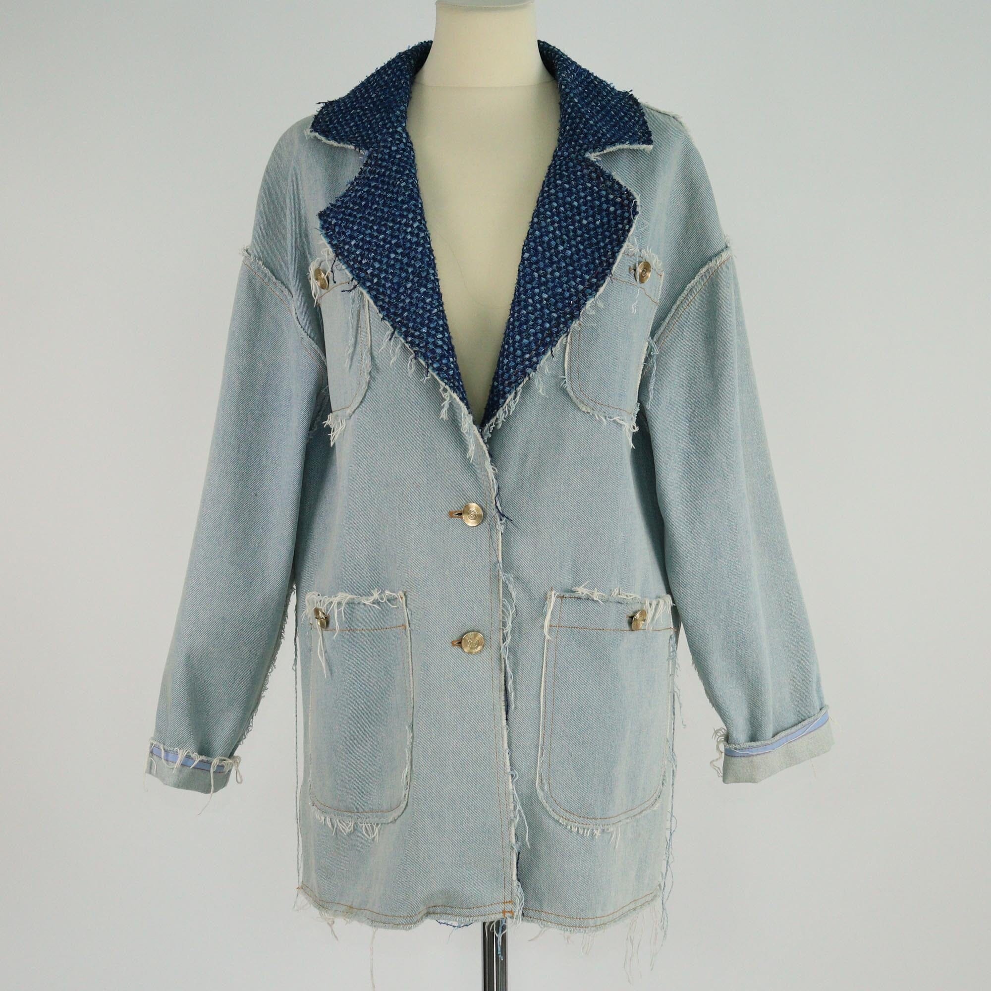 Chanel Wash Blue Denim & Tweed Collar Pocket Detailed Jacket Womens Chanel