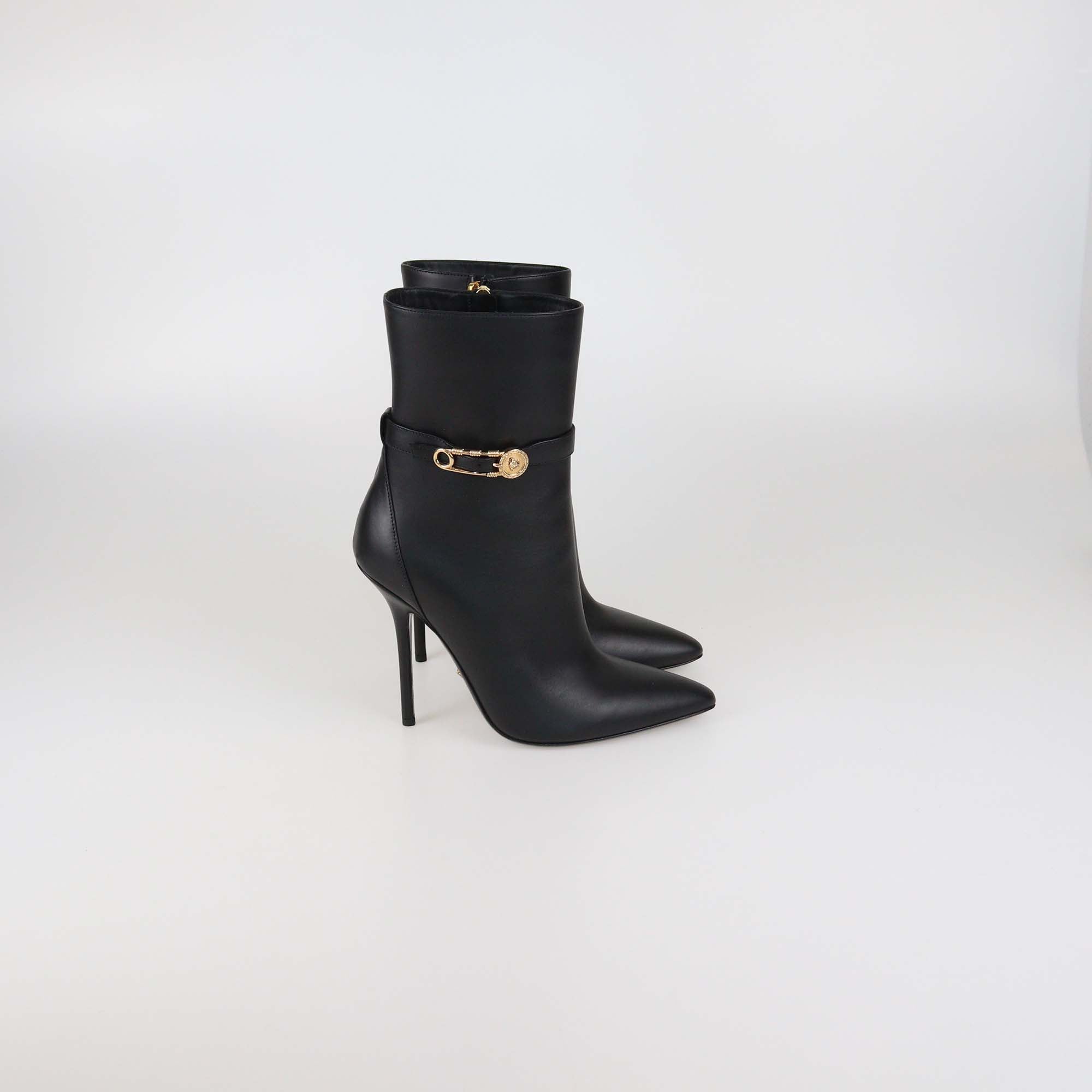 Versace Black Leather Safety Pin Pointed Toe Heeled Ankle Boots