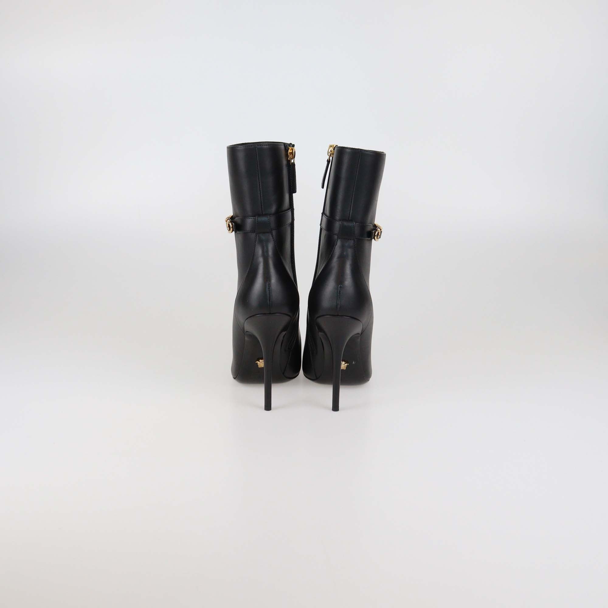 Versace Black Leather Safety Pin Pointed Toe Heeled Ankle Boots