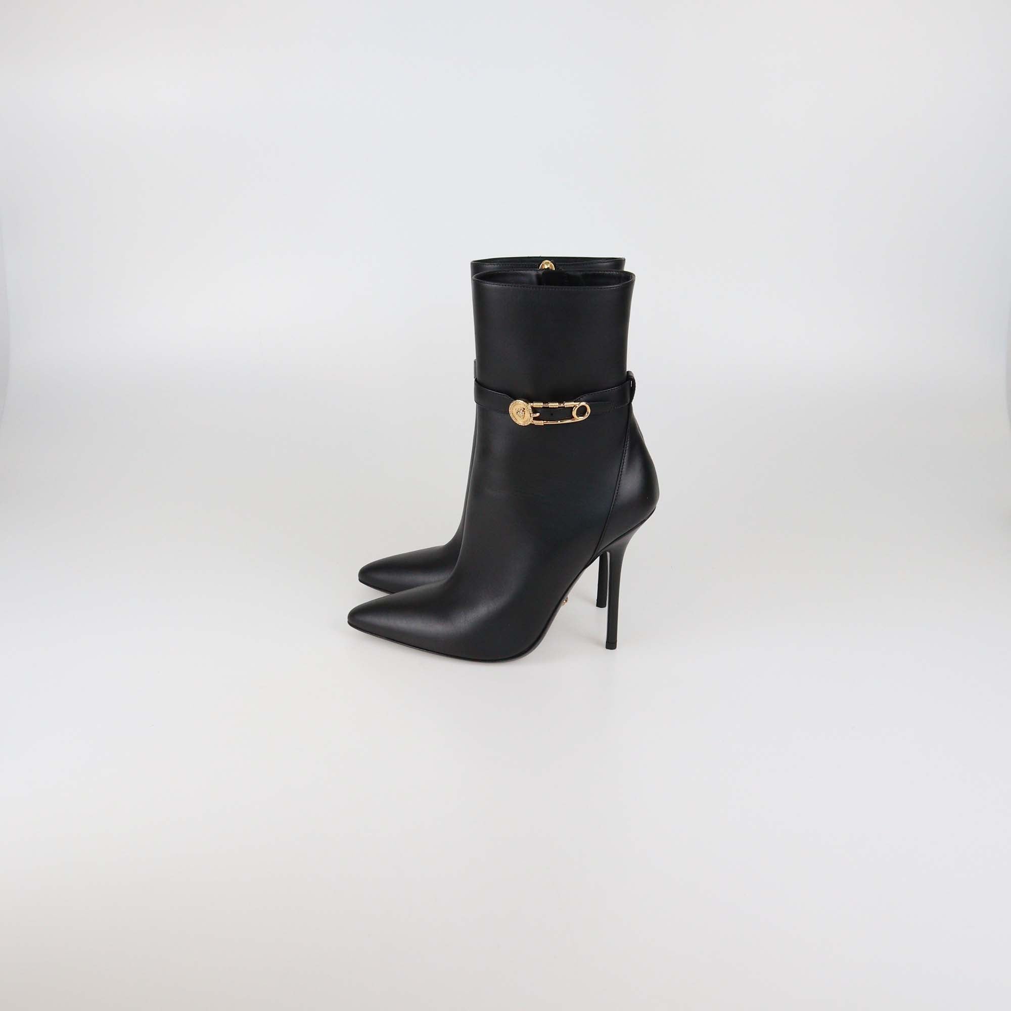 Versace Black Leather Safety Pin Pointed Toe Heeled Ankle Boots
