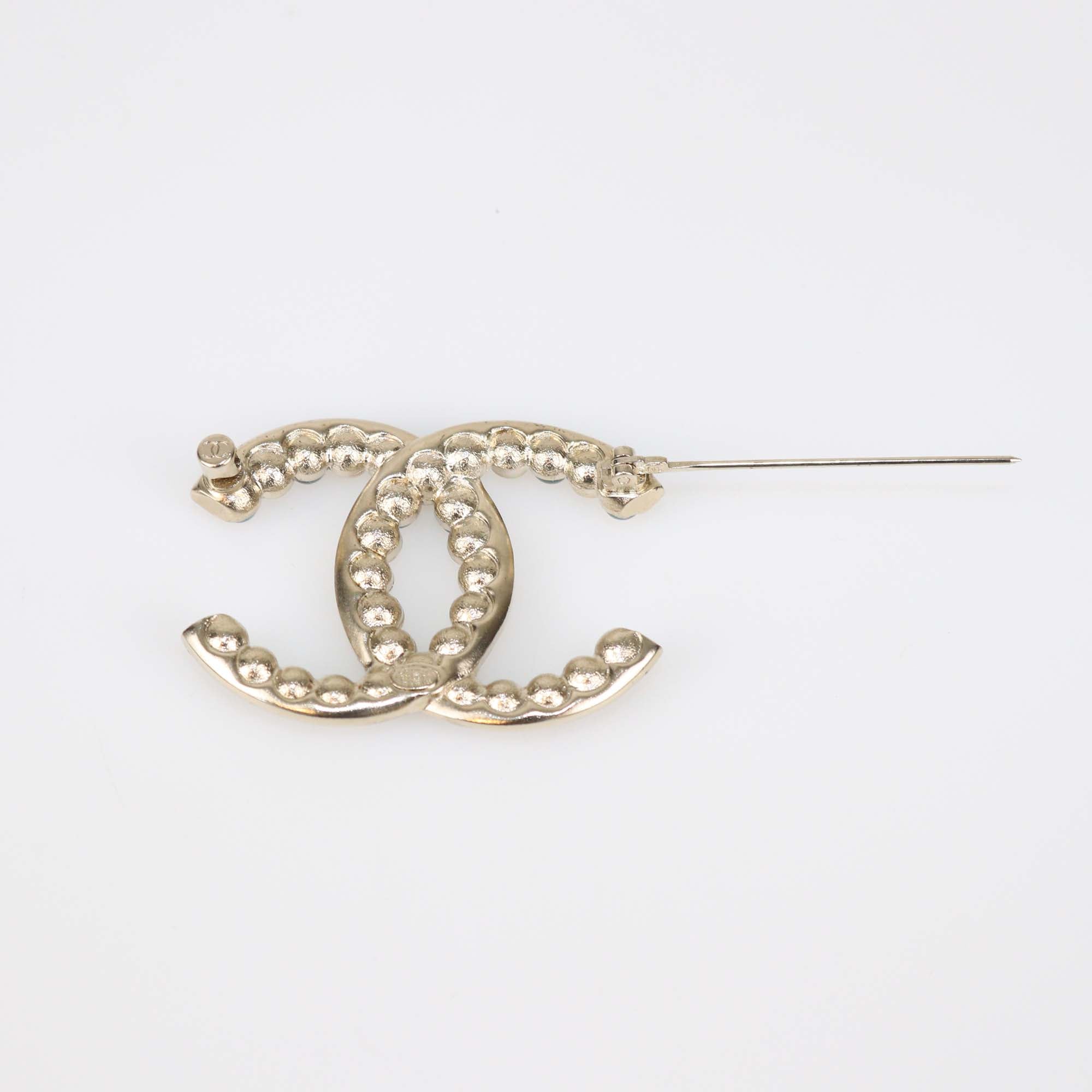 Chanel Pale Gold Tone Metal CC Faux Pearl & Crystal Pin Brooch
