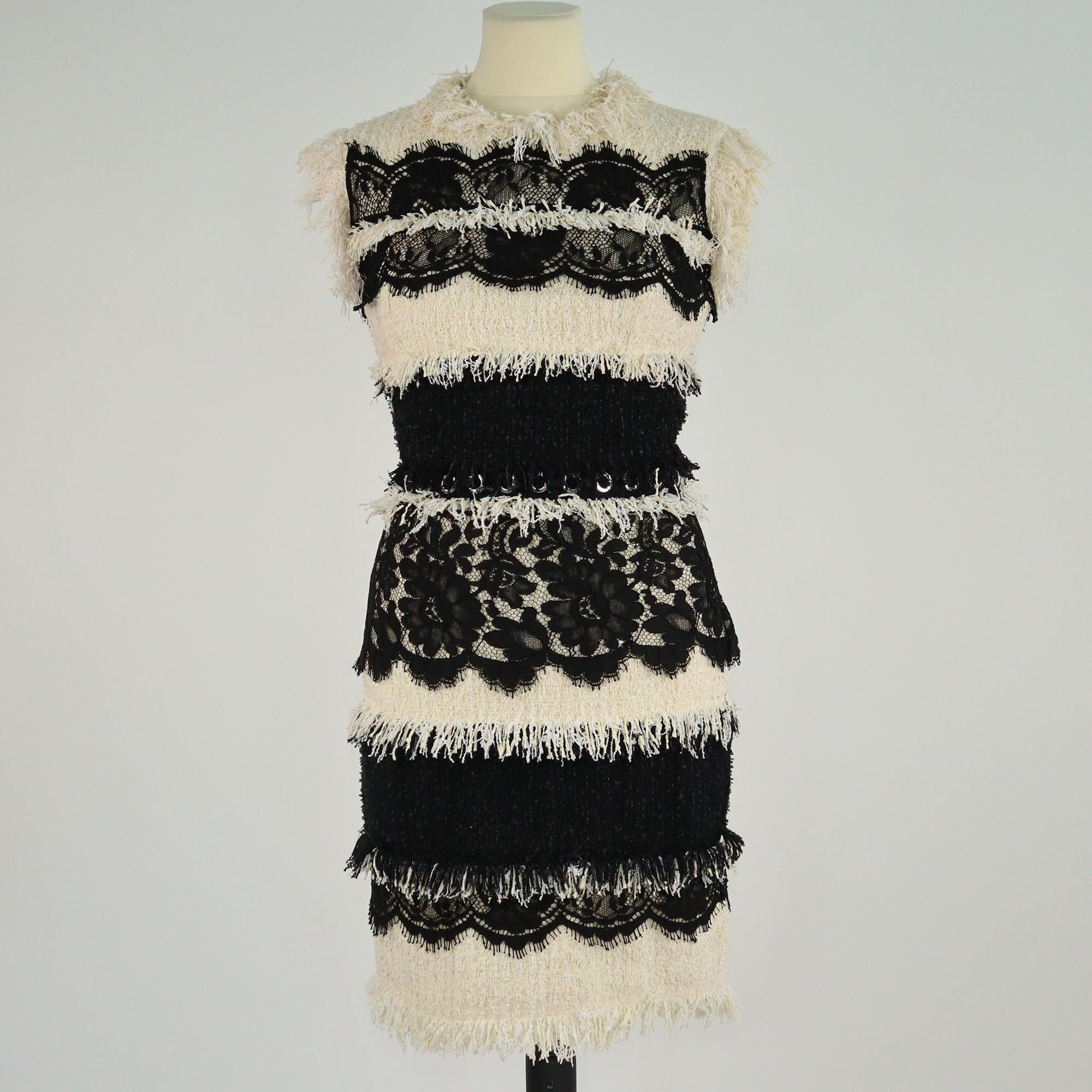 Lanvin Ivory/Black Flower Lace & Tweed Eyelet Sleeveless Midi Dress Womens Lanvin