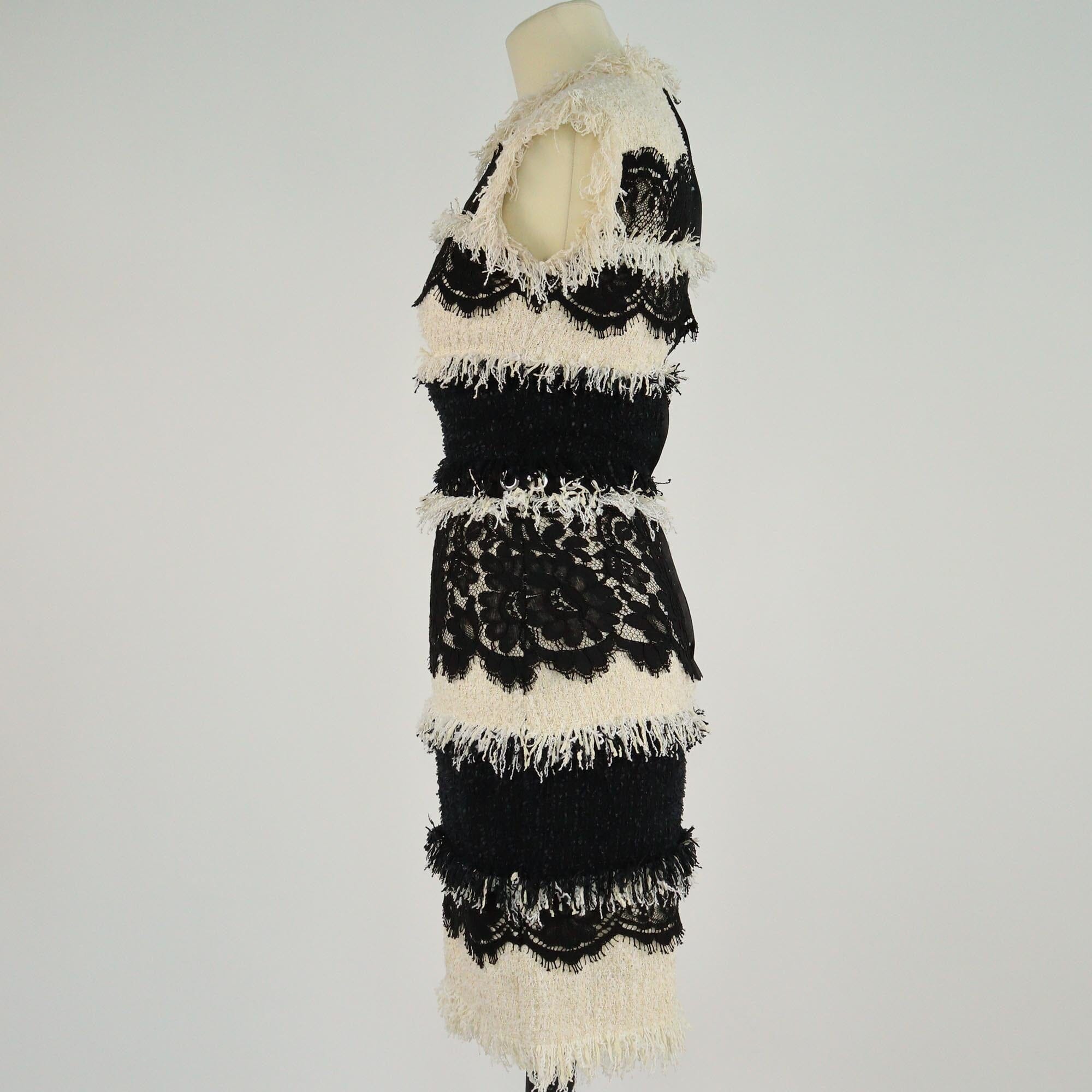 Lanvin Ivory/Black Flower Lace & Tweed Eyelet Sleeveless Midi Dress Womens Lanvin