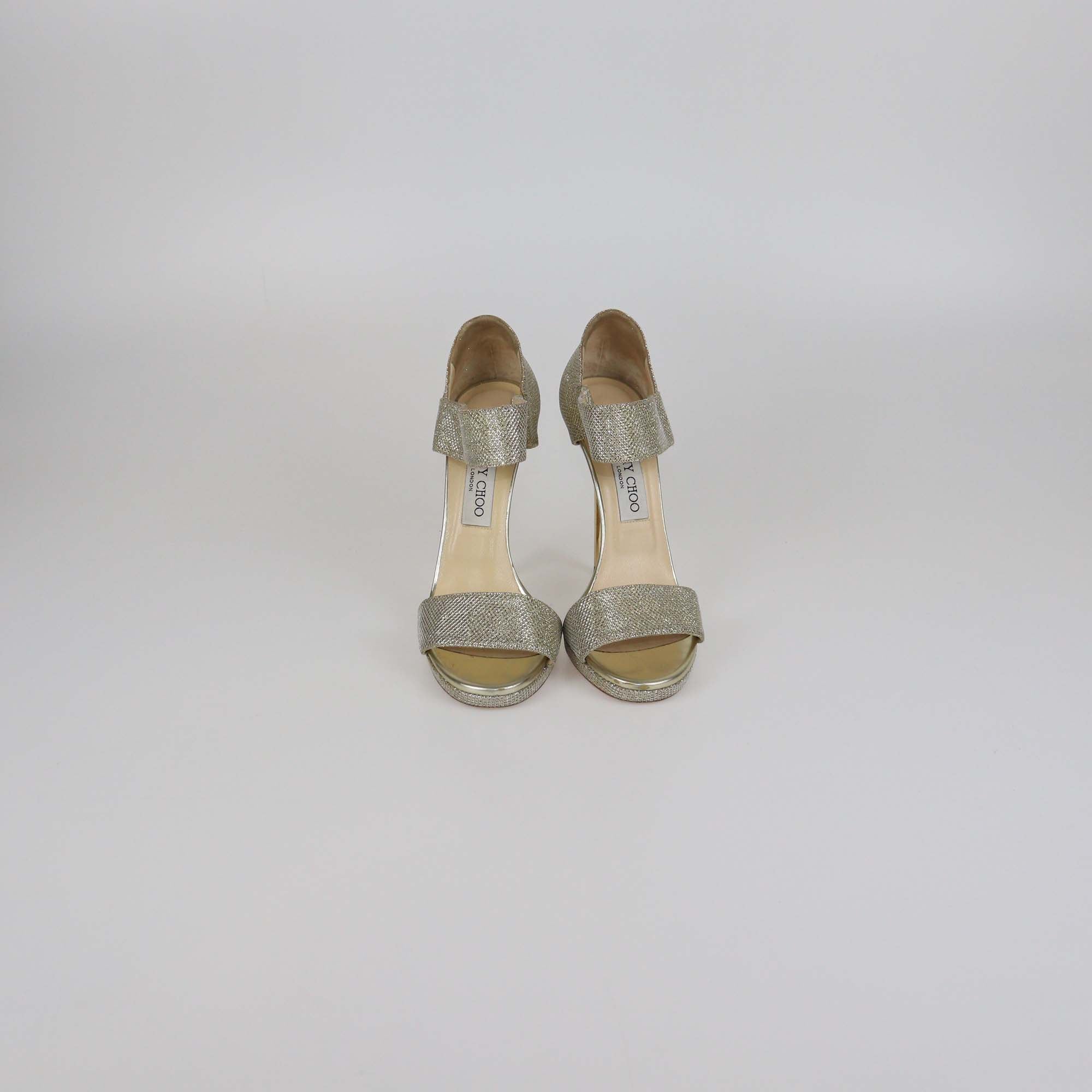 Jimmy Choo Gold Glitter Lurex Fabric Alana Sandals