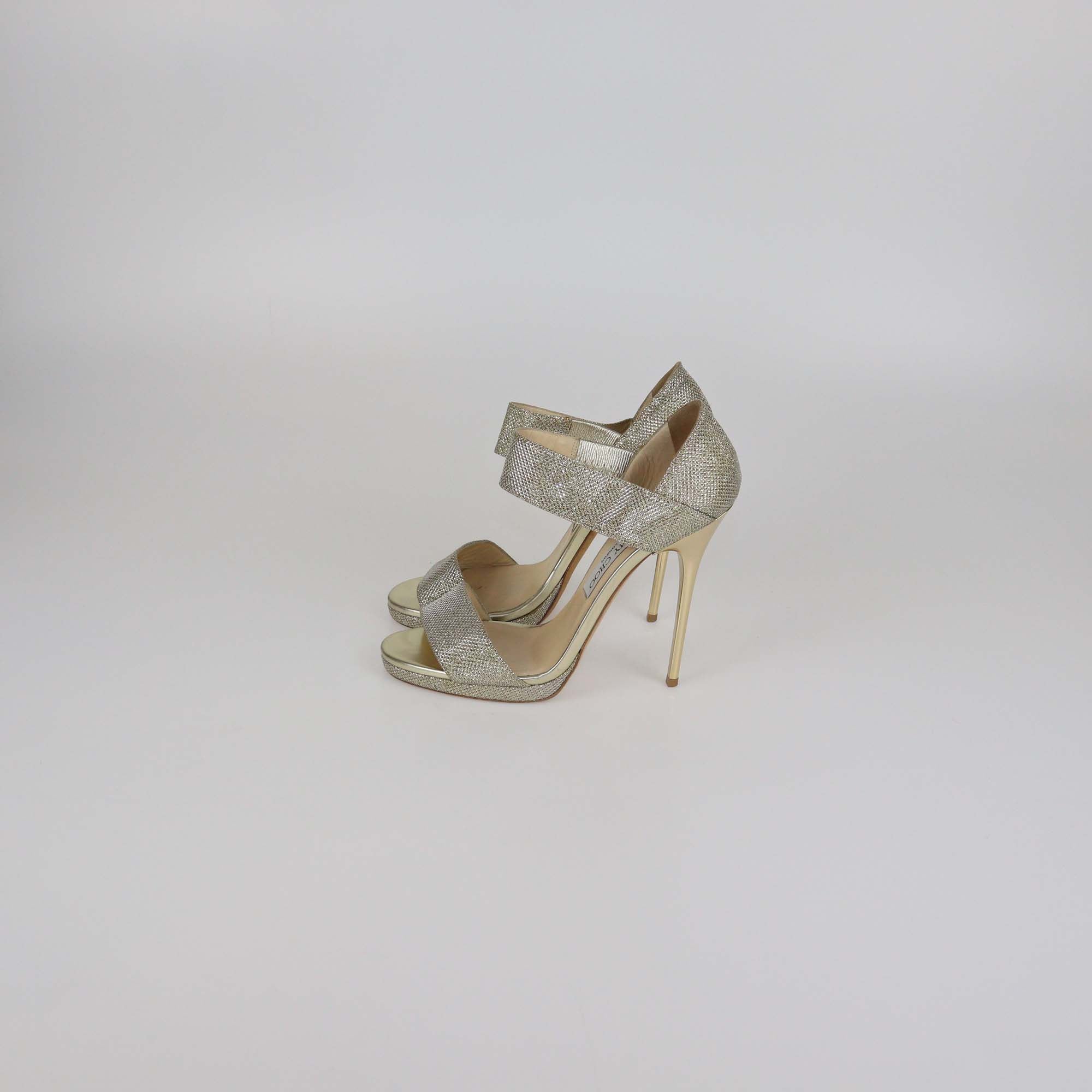 Jimmy Choo Gold Glitter Lurex Fabric Alana Sandals