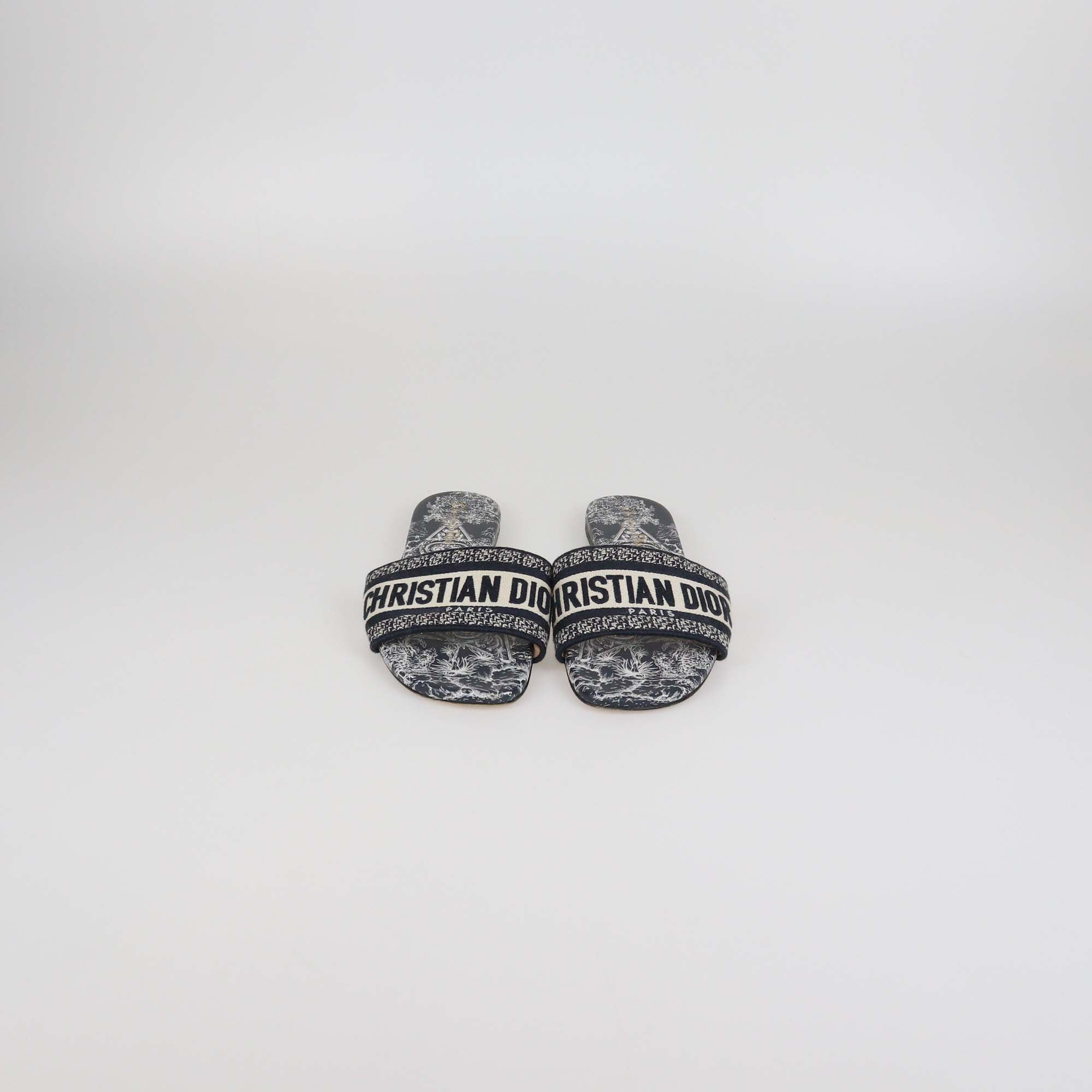 Christian Dior Navy Blue/White Embroidered Canvas Dway Flat Slides