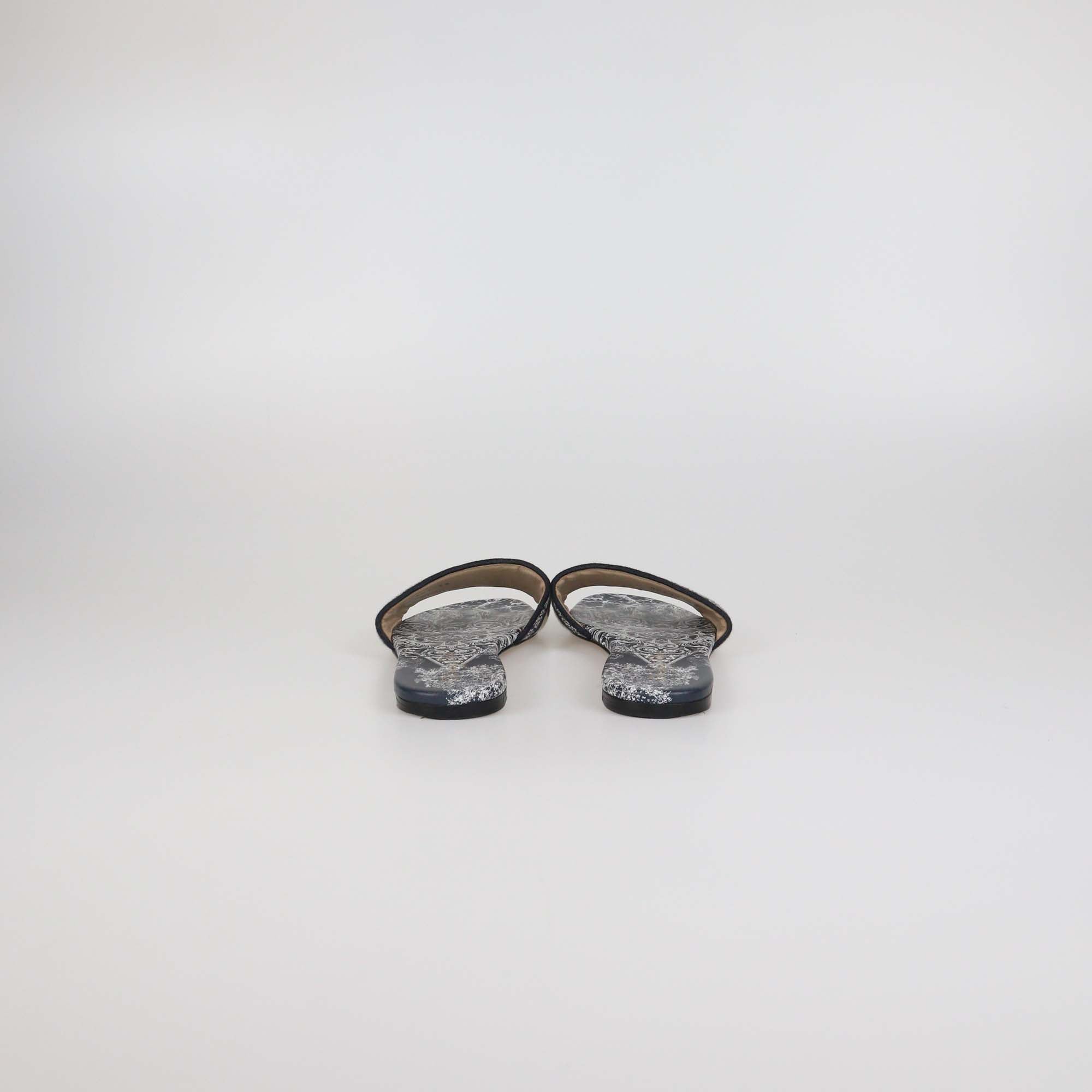 Christian Dior Navy Blue/White Embroidered Canvas Dway Flat Slides