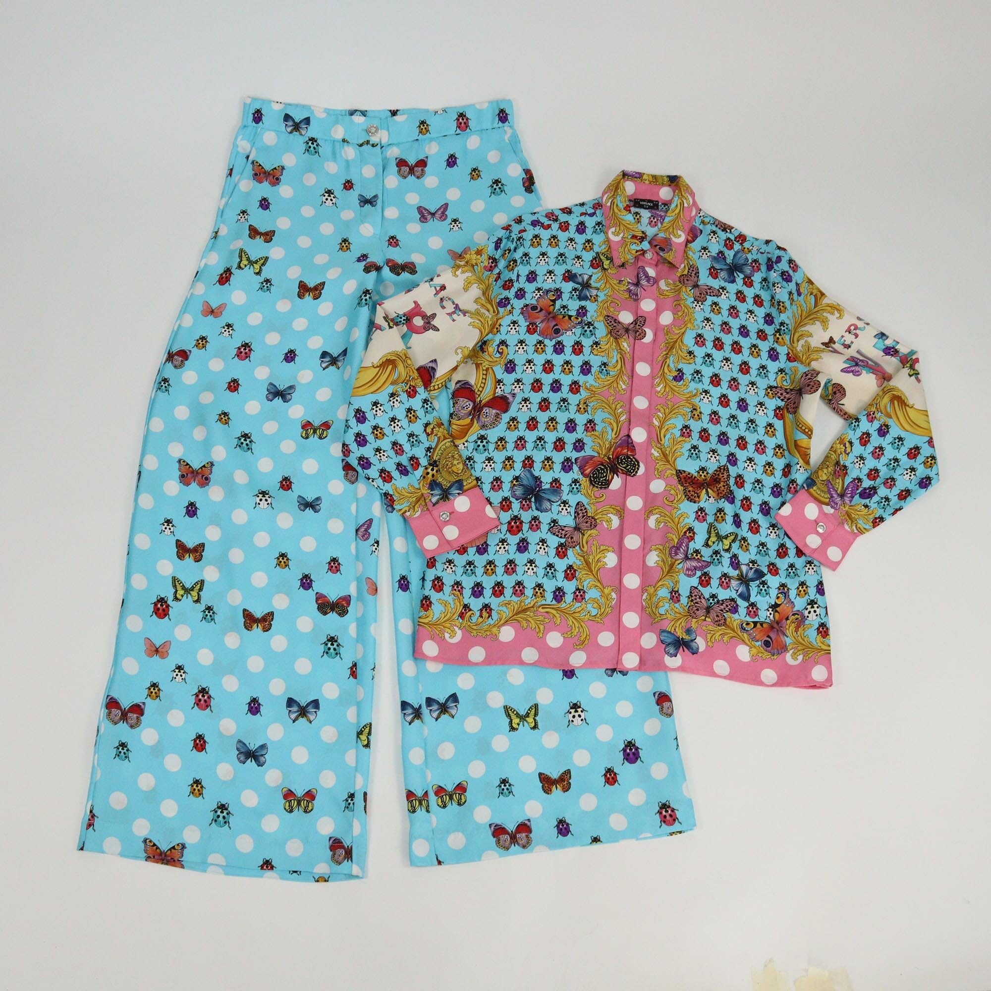 Versace Multicolor Bugs & Butterfly Print Long Sleeve Shirt & Pants Set Womens Versace