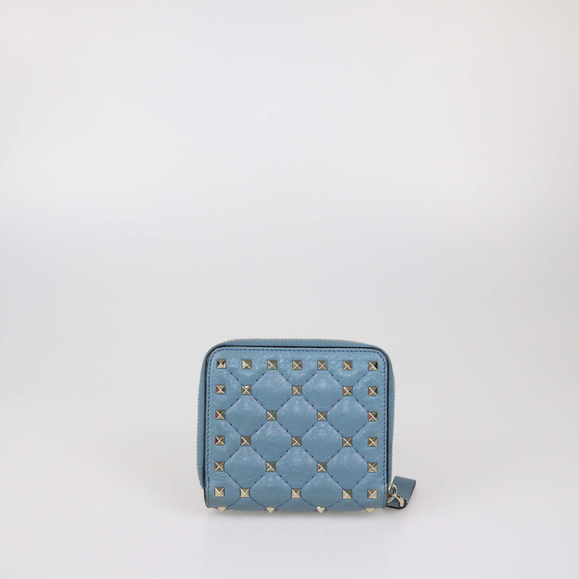 Valentino Light Blue Quilted Rockstud Compact Zip Around Wallet