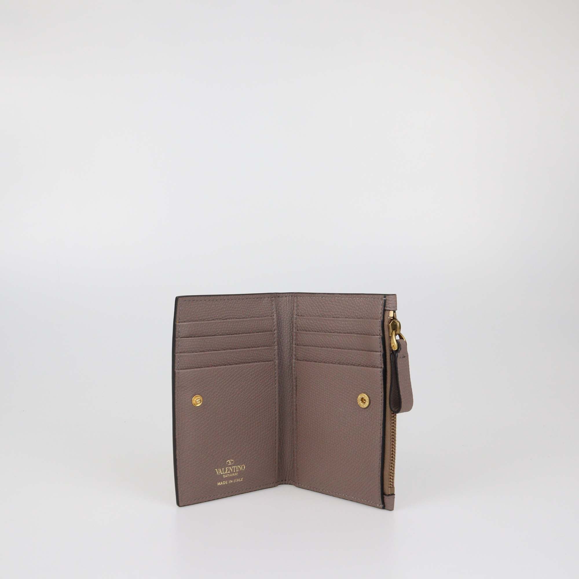 Valentino Dark Beige Leather VLogo Compact Wallet