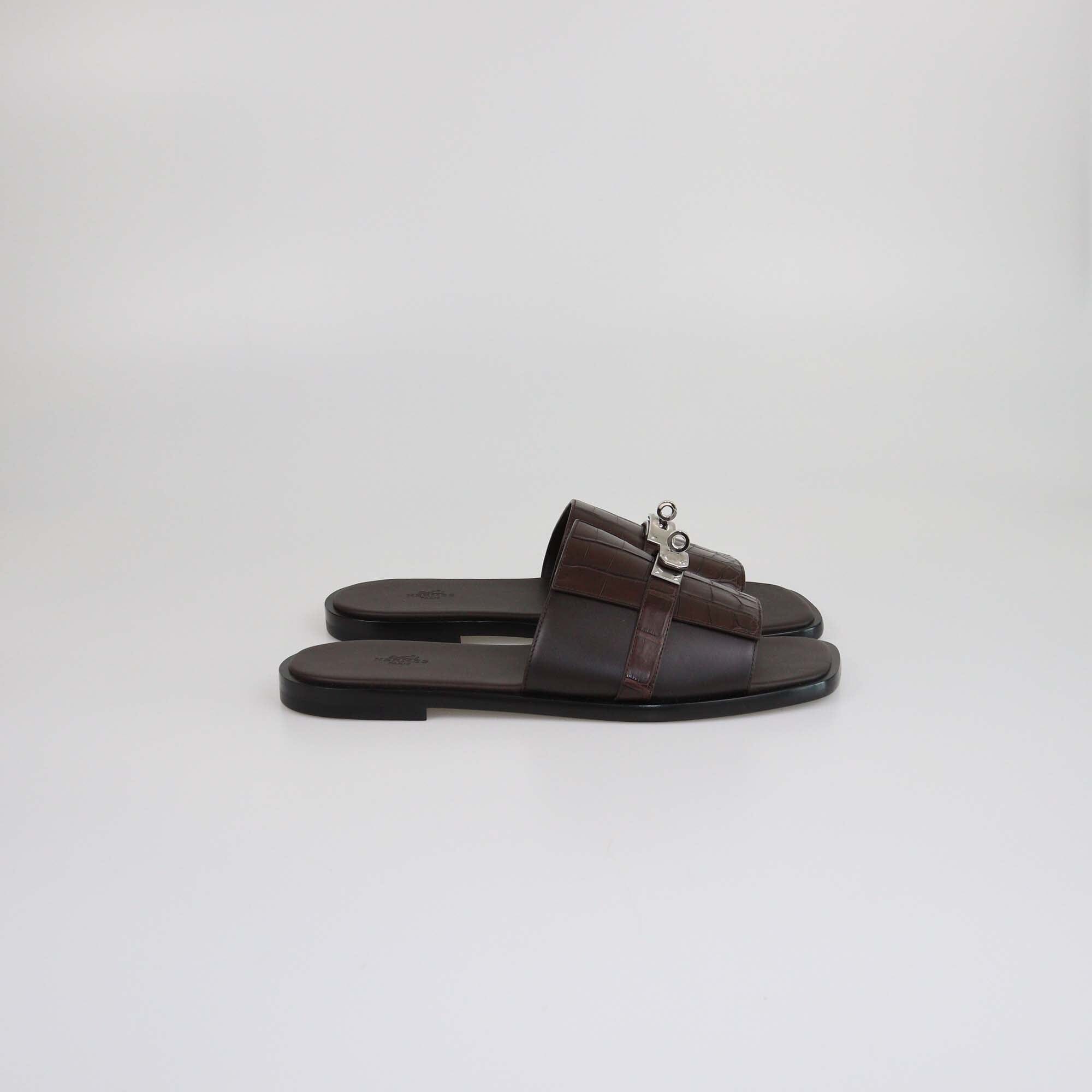 Hermes Dark Brown/Noir Alligator Gabriel Sandals Mens Hermes