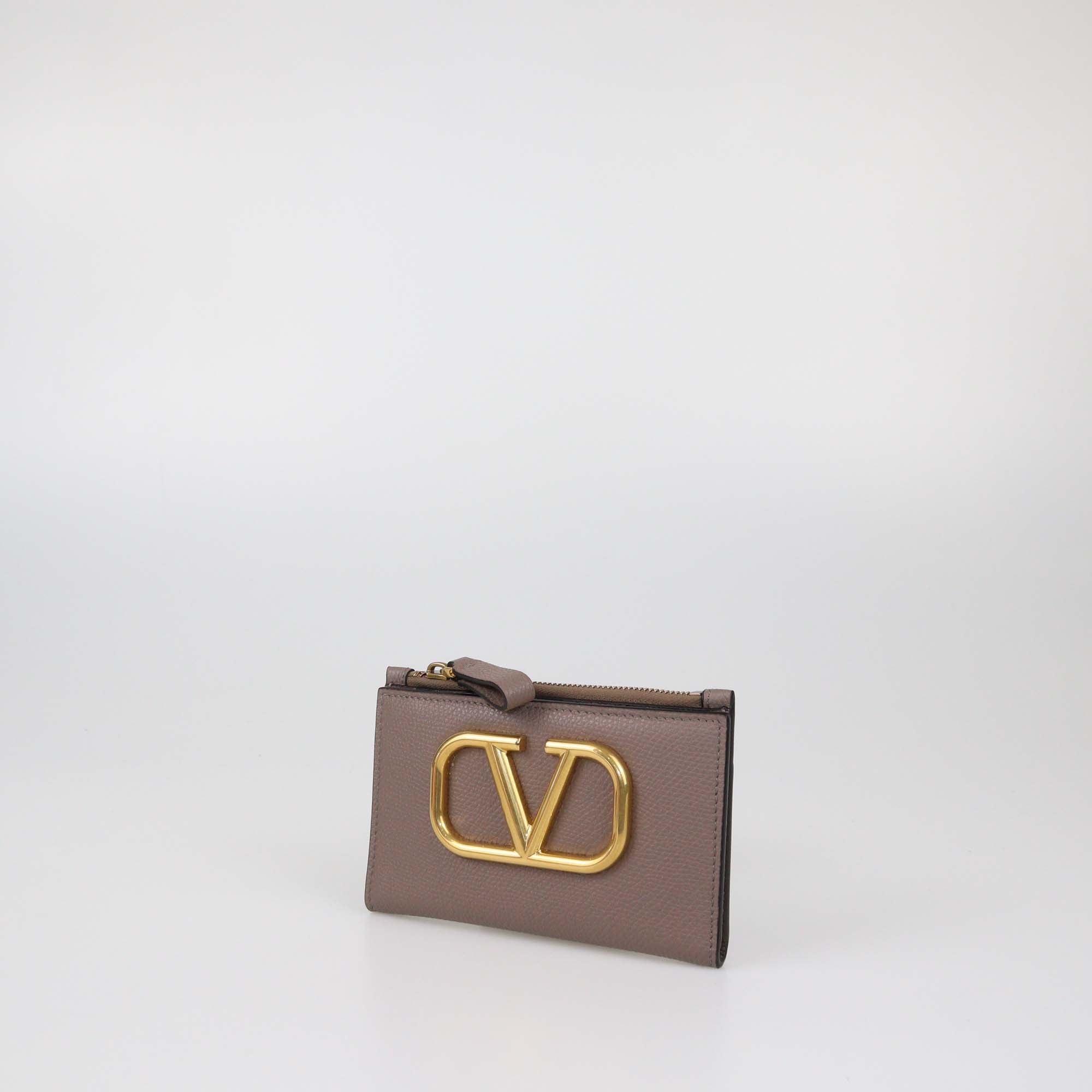 Valentino Dark Beige Leather VLogo Compact Wallet