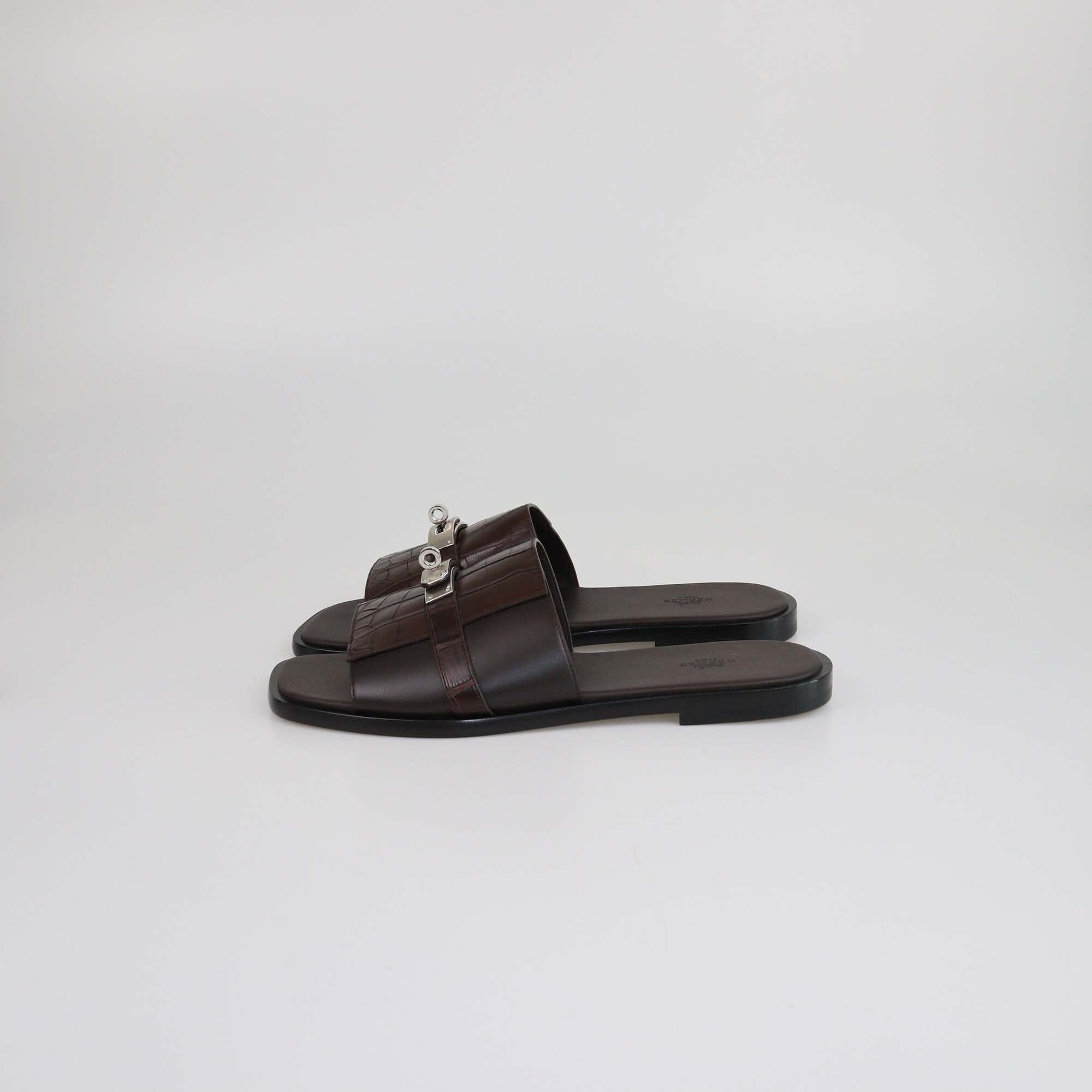 Hermes Dark Brown/Noir Alligator Gabriel Sandals Mens Hermes