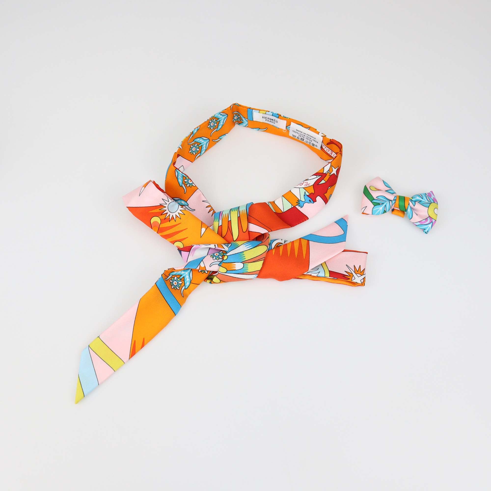 Hermes Orange Multicolor Silk Printed Twillon & Bow Set