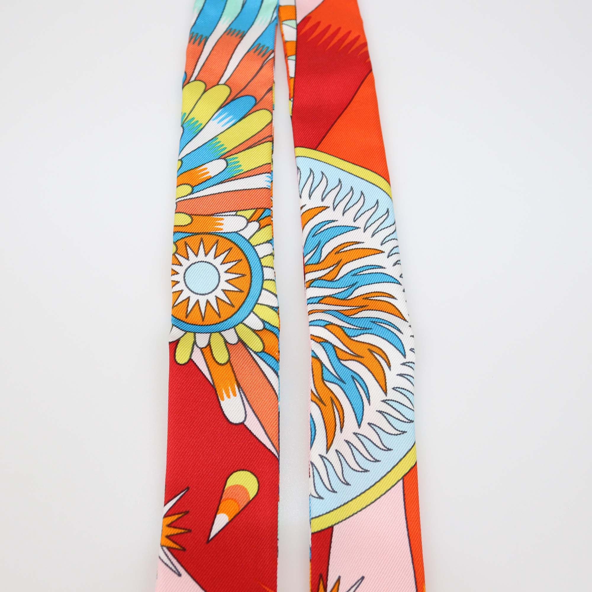 Hermes Orange Multicolor Silk Printed Twillon & Bow Set