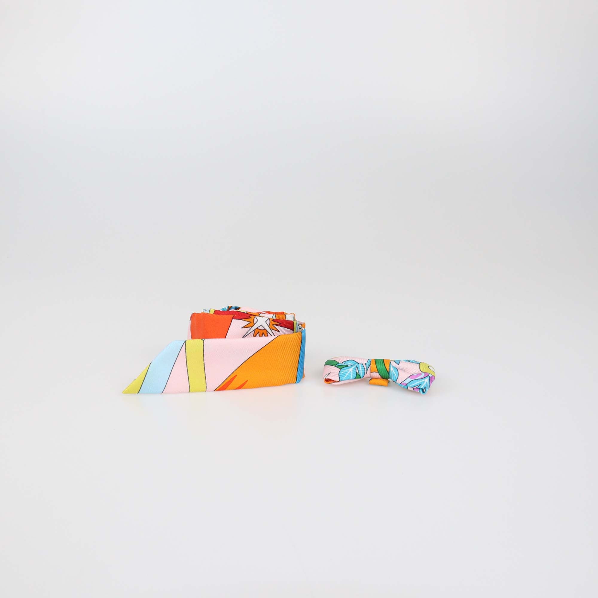 Hermes Orange Multicolor Silk Printed Twillon & Bow Set