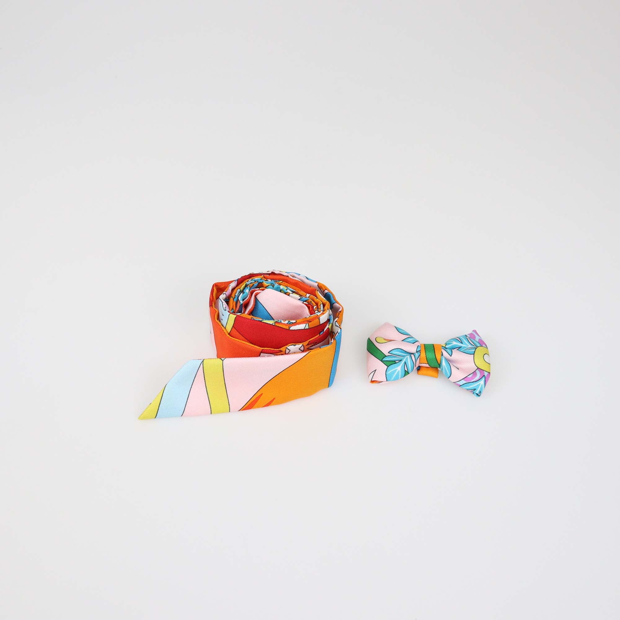Hermes Orange Multicolor Silk Printed Twillon & Bow Set