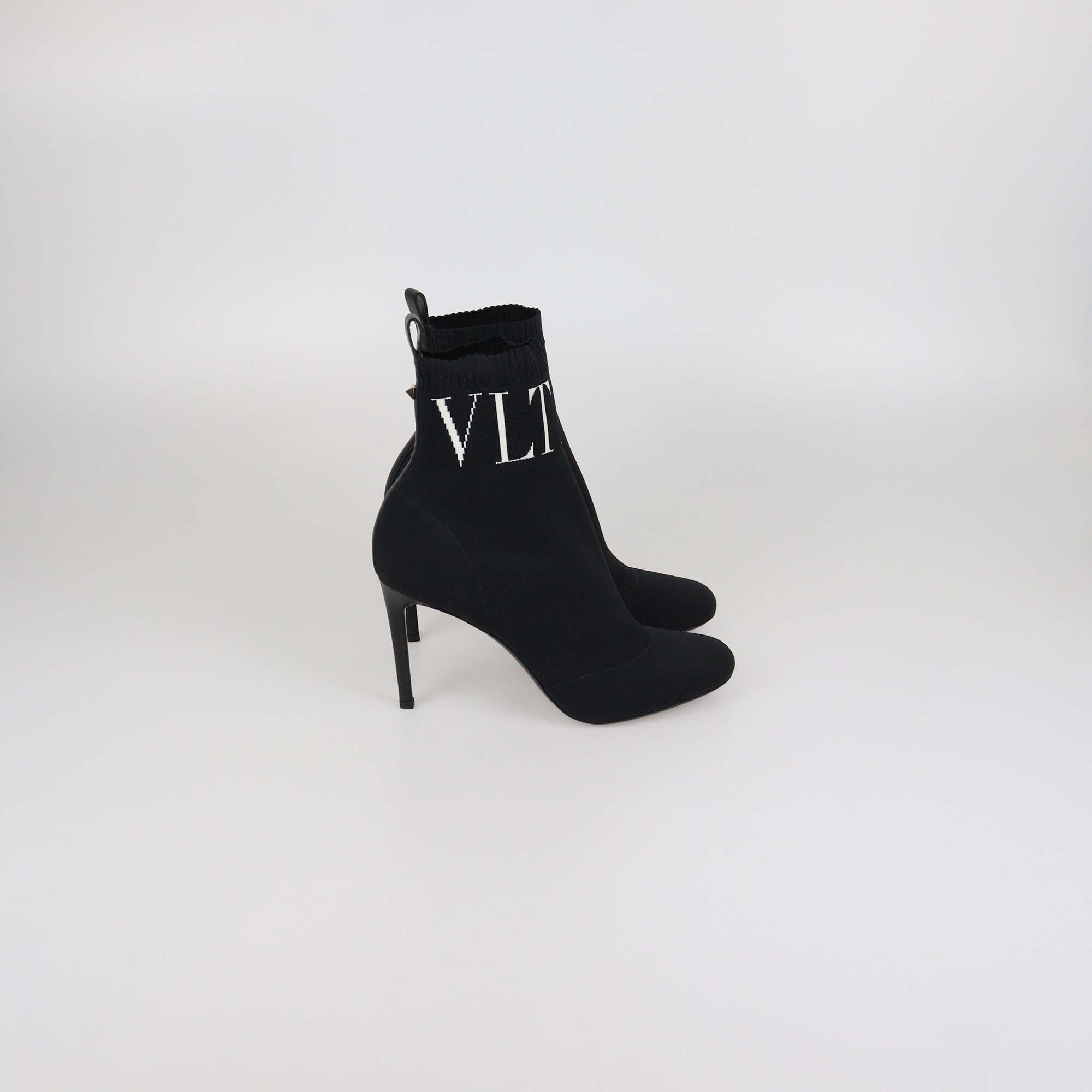 Valentino Black Knit Fabric VLTN Ankle Boots