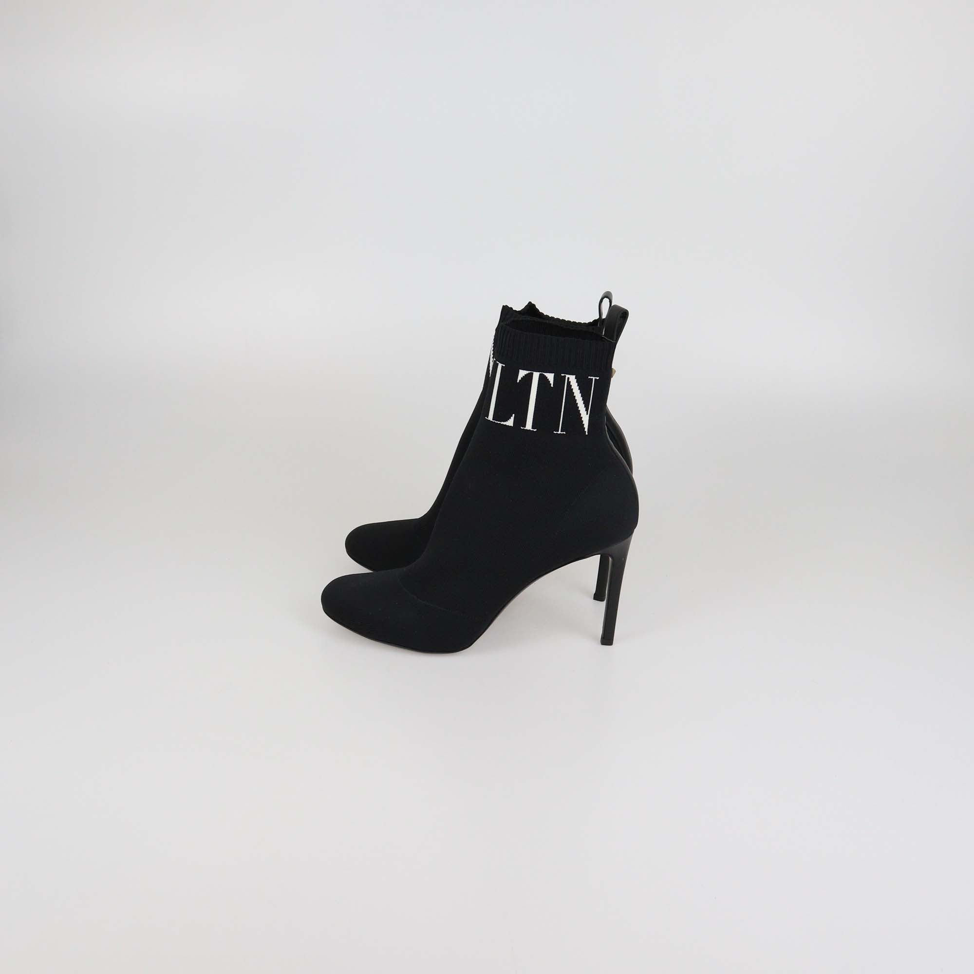 Valentino Black Knit Fabric VLTN Ankle Boots