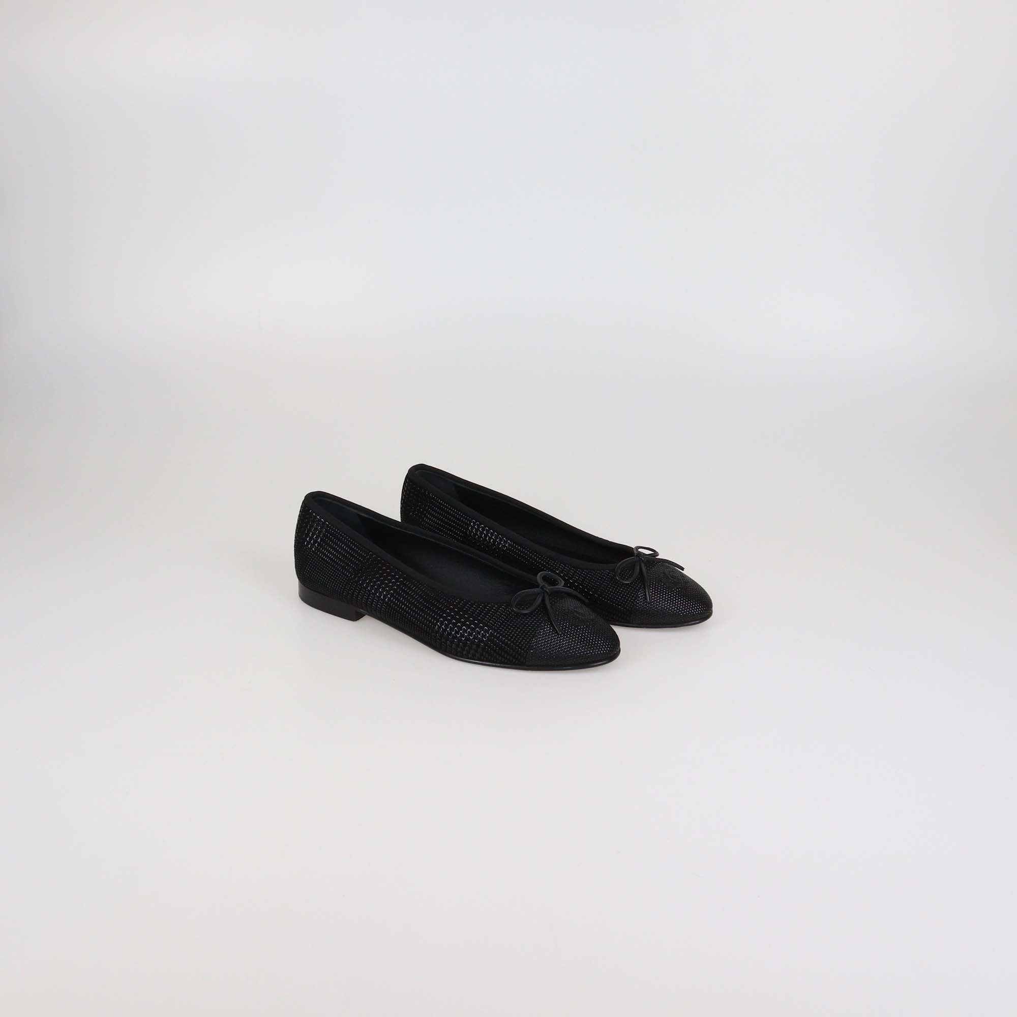 Chanel Black Textured Suede CC Cap Toe Ballet Flats