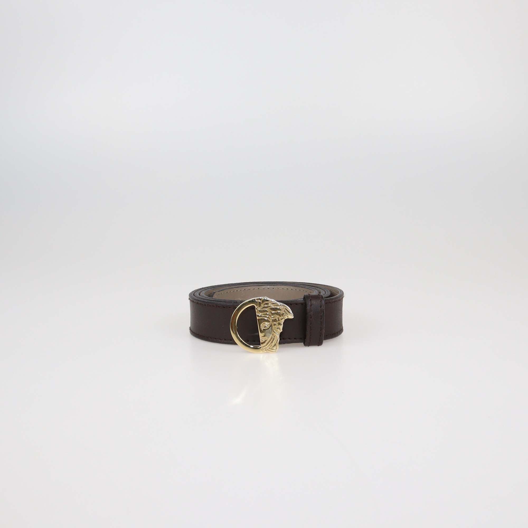 Versace Collection Dark Brown Leather Medusa Buckle Belt