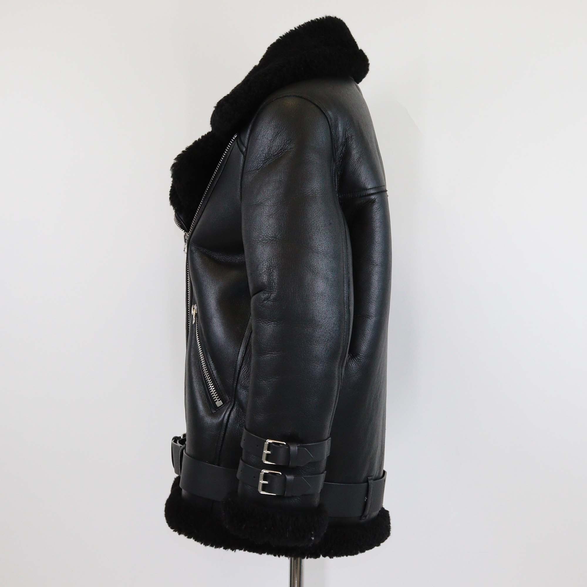 Acne Studio Black Leather Oversized Velocite Shearling Jacket