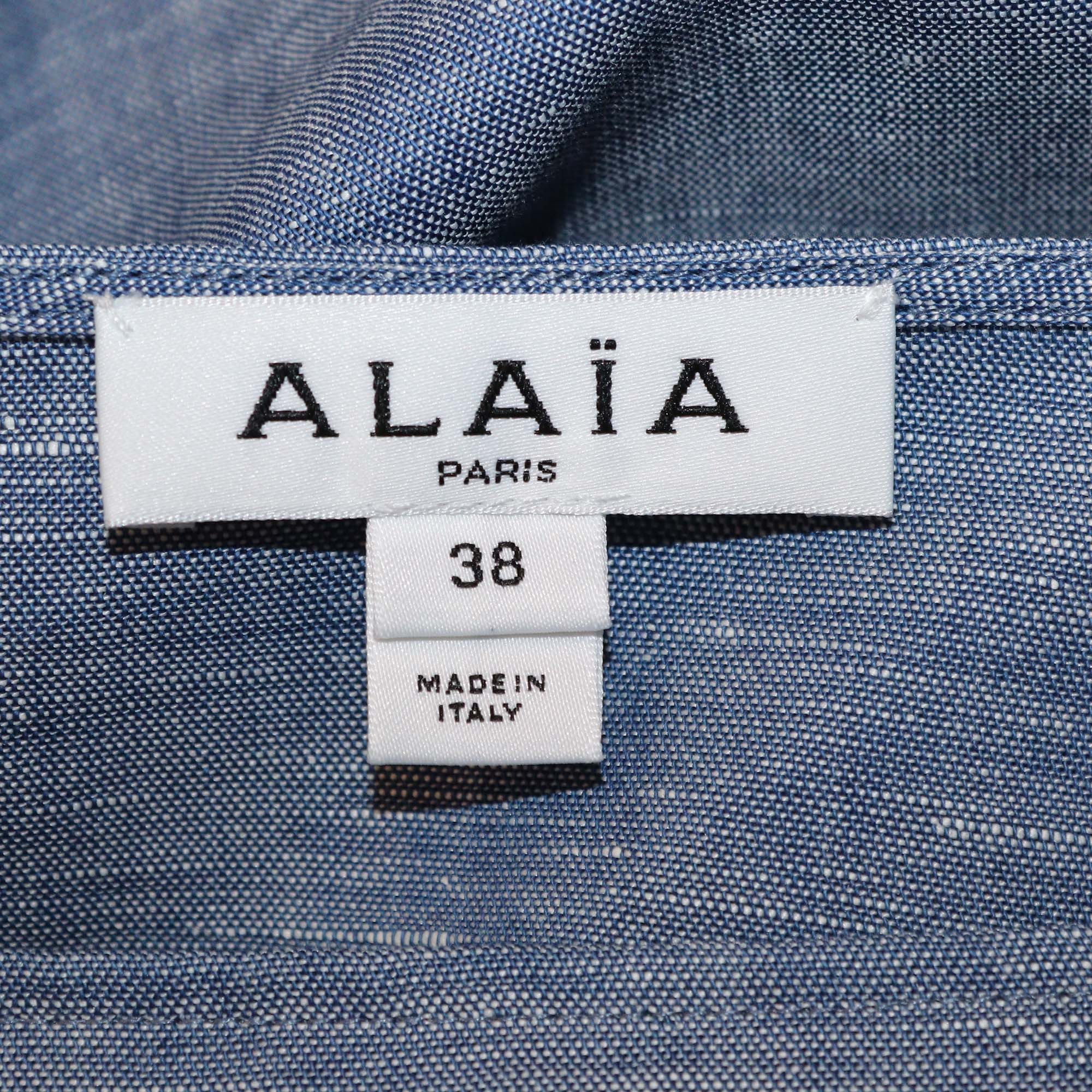 Alaia Blue Blend Cotton Chambray Ruched Mini Dress