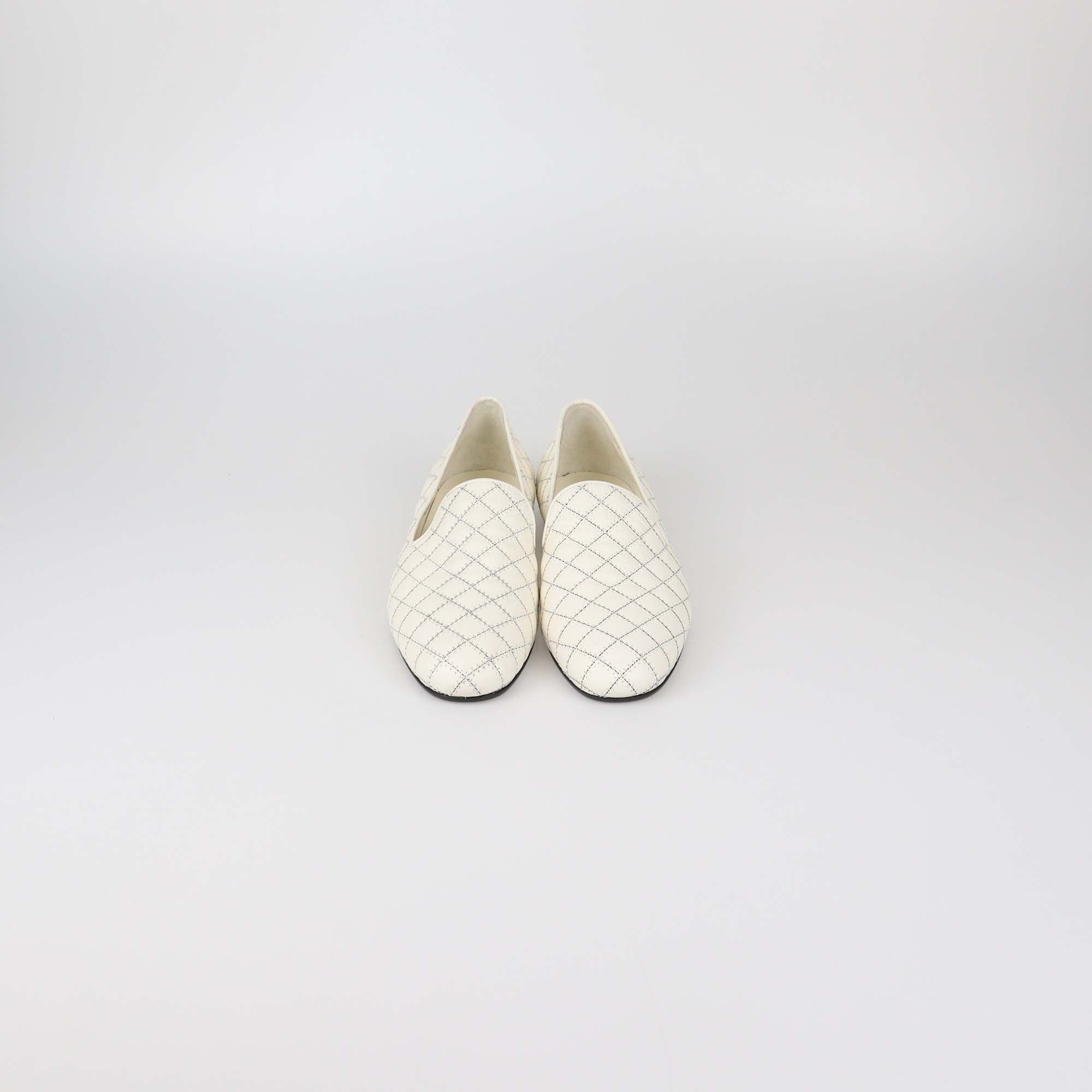 Chanel Off White Quilted Leather Slip On Loafers