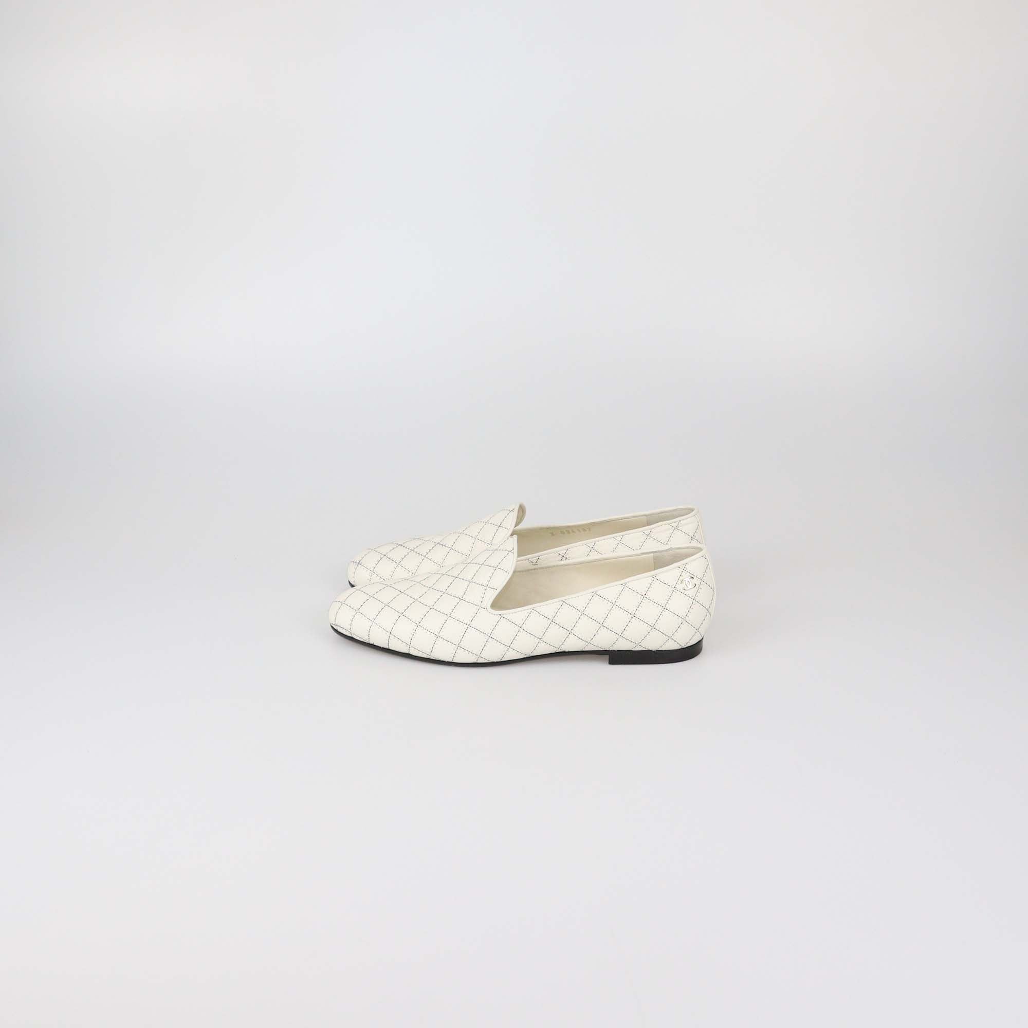 Chanel Off White Quilted Leather Slip On Loafers